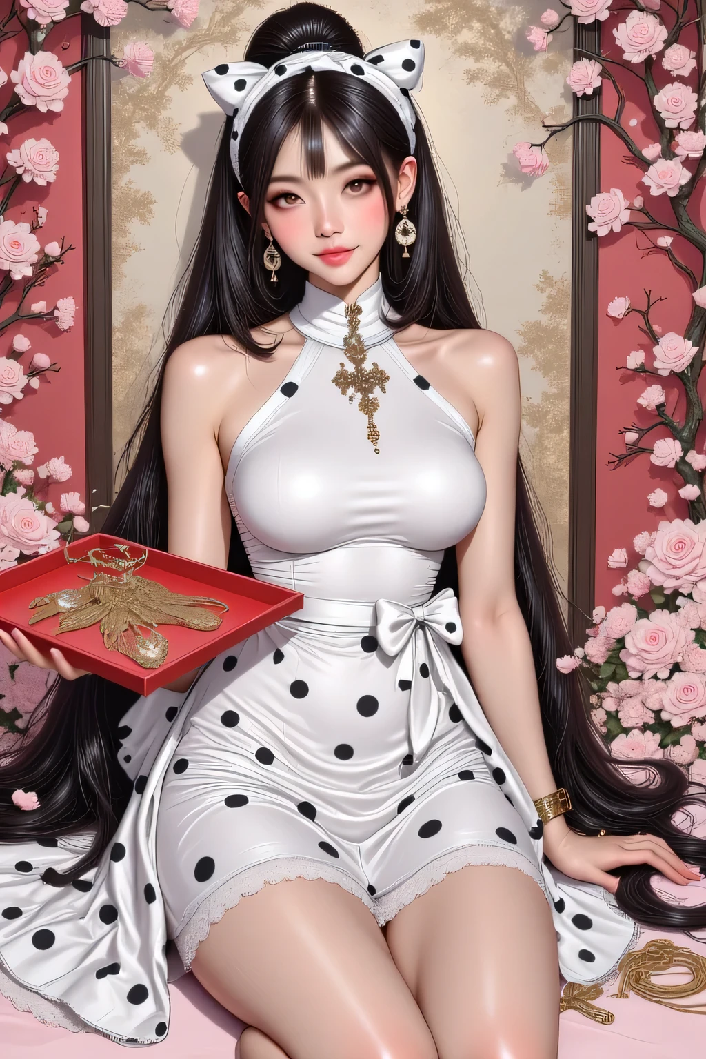 Full-body portrait of a beautiful, realistic-looking Asian-Korean woman in a semi-realistic cartoon style. She has large round eyes and long, thick eyelashes, fair skin and rosy cheeks, wearing a white halter dress with black polka dots, high ponytail, and a large white bow headband with black polka dots. She sits in a beautiful pose, holding a red rectangular tray with many gold necklaces in her hand, and wearing white high heels. Realistic cartoon portrait.