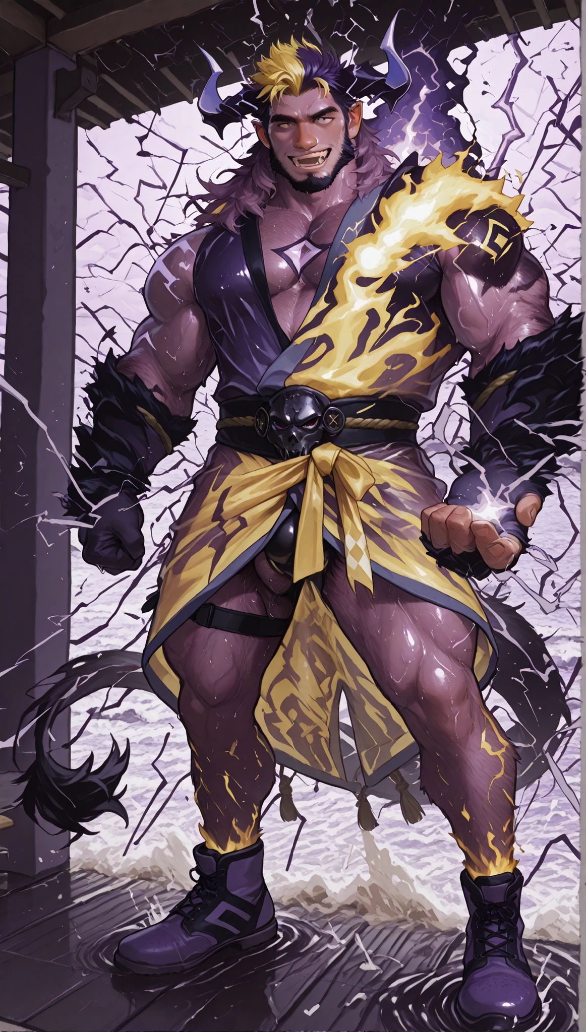 male devil playing in a water park,switch to a larger image, Background of the depiction.、his genitals are not depicted、is wrapped in yellow thunder,more than the character Realistic,horns growing from purple lightning,The upper half of his devilish face is covered {x} he has sideburns that look like he has painted his entire neck with metallic paint {X} purple lightning pattern on both sides of his hair,Purple beard,Devil's Face  , Background of the depiction of a devil wearing clothes, 8K High Resolution Art , nose, Eyebrows are purple thunder,The horse's tip is purple thunderで燃えている,Gigachad's Muscular, Razielle IRL, Art Stationで人気, Male art, POV fur art, Switch to a larger image of God Poseidon, strong, Fat, Buccanarian's Body, SFW version, Art Stationの男性的な美的センス,Epidermal、Naked skin is dark gray、light purple,purple hair shines through,his hair shines fluorescent purple,his hair is like purple thunder,Both sides of his hair are connected to his beard.。The horse's tip is purple thunder,The back part of the upper center is a king style devil with yellow hair,horns growing from purple lightning.,彼の性器はis wrapped in yellow thunder,Background of the depiction is a realistic beach.,his genitals are burning with a yellow flame.。

