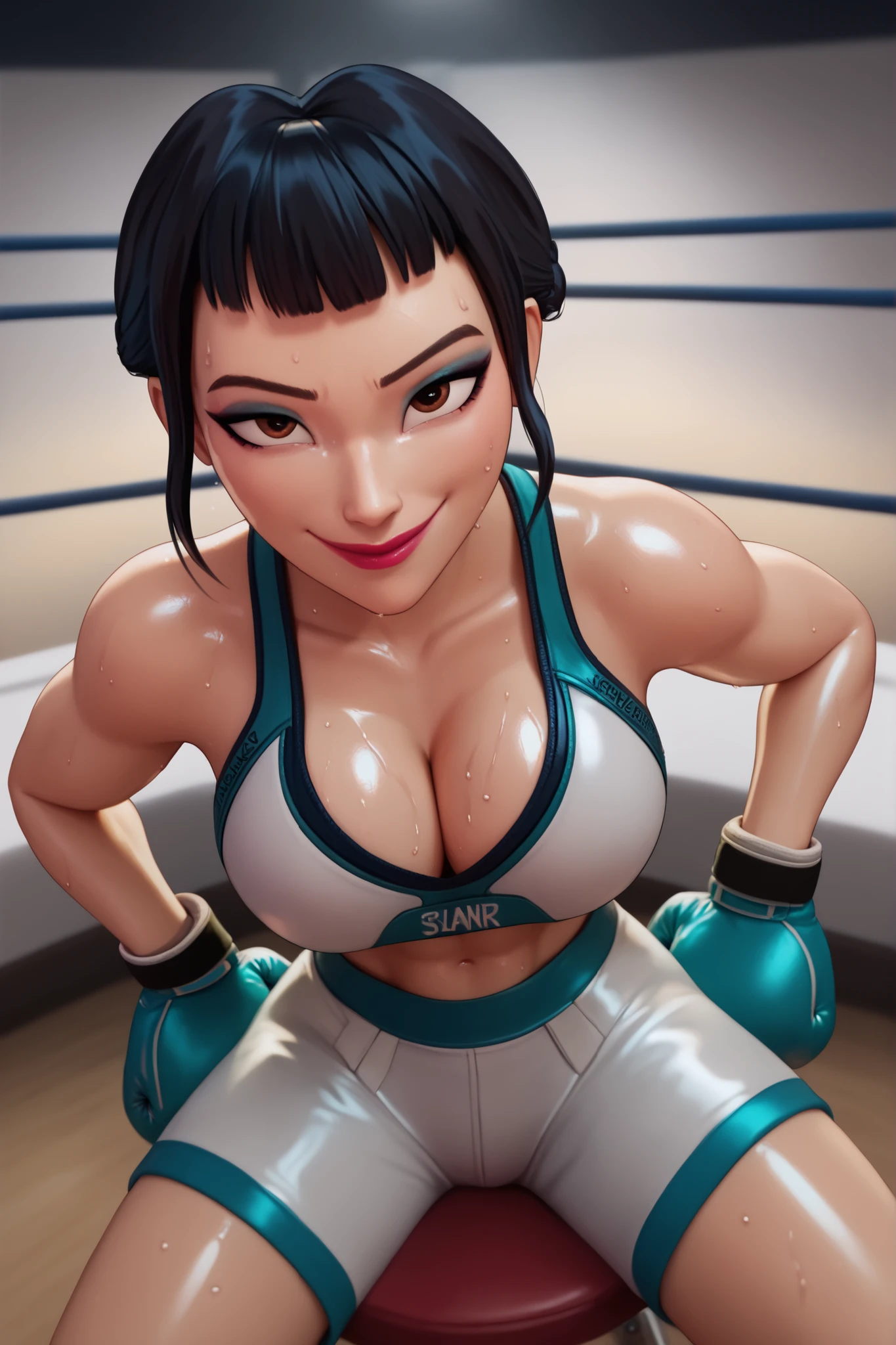 BREAK, score_6_up, score_7_up, score_8_up, score_9, 1girl, solo, kpdh_z0ey, black hair, short hair, hair bun, brown eyes, blunt bangs, lipstick, makeup, official KPop Demon Hunters aesthetic, , busty, cleavage, curvy, athletic, looking at viewer, seducing viewer, teasing viewer, feisty expression, smiling, closed mouth, bedroom eyes, white sports bra, white boxing shorts, white boxing gloves, midriff, indoors, boxing ring, sitting on stool, closeup, portrait, upper body, high-angle view, blue eyeshadow, black mascara, sweaty, sweat drops, wet skin, shiny skin