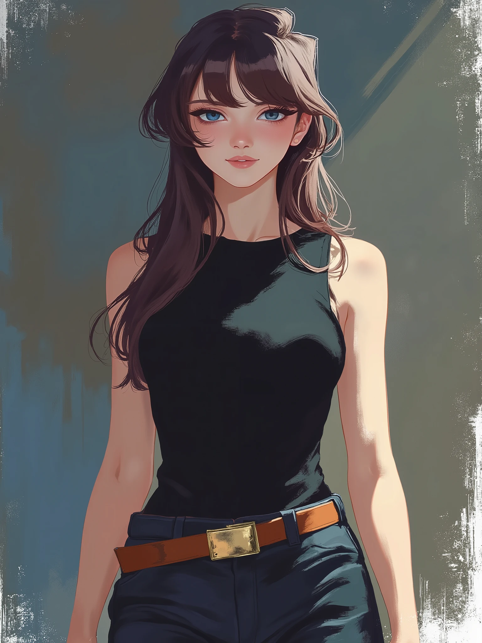 sr3fmj, brush strokes, stylized illustration, Akaninbat, Komi_shouko, A very beautiful and cute 22 year old woman. Slight smile, long hair, deep gaze, blue eyes, western eyes, detailed blue eyes, beautiful eyes, natural pink lips, thin lips, detailed lips, beautiful lips, clear face. Fair skin, perfect body, very feminine body, well-formed thighs, perfect proportions, perfect thighs, perfect anatomy, anatomical correct. Jet-black medieval fitted sleeveless t-shirt, jet-black medieval style tight leather pants, golden medieval style narrow leather belt. Half body view, cowboy shot, RAW, standing, full body view, looking at the viewer, dynamic pose, graceful pose, relaxed pose, view frontal. Bright lighting, vibrant colors, colorful, sharp foreground, clear image, sharp focus, soft depth of field, blurry background, bokeh background. Masterpiece, best quality, high resolution, top quality, high quality, UHD, 16k quality, no blur, film grain. The background is dark_gray and painted with expressive, visible textures using dynamic brushstrokes and strokes that add depth and movement. The paint covers only the area just behind the subject. The outer edges of the image with jet-black margins, as if the background had been painted with a brush and with expressive and visible textures using dynamic brushstrokes and strokes fading toward the edges creating a modern and artistic vignette effect.