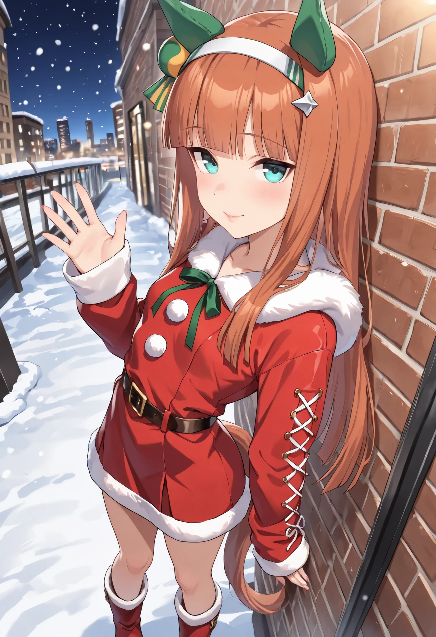 (masterpiece, best quality, perfect face:1.4), wide angle, silence suzuka \(umamusume\), 1girl, horse ears, ear cover, white headband, small breasts, horse tail, tail on the lower back, proportional body, proportional,1 girl, beautiful hair, beautiful face, beautiful detailed eyes, beautiful clavicle, beautiful body, beautiful chest, beautiful thigh, beautiful legs, beautiful fingers, looking at viewer, BREAK, Santa outfit, wearing an oversize dress, loose and cozy fit, Single sleeve, Sleeves past wrists, black-Cross-laced sleeves, santa costume, white fur trim, red velvet dress, translucent ribbon, winter boots, night, brick wall, winter, snow, city, nails, lips, BREAK, ecstatic expression, Ergonomically Correct Body, textured skin, realistic skin, HDR, BREAK, (perfect hands, perfect anatomy),