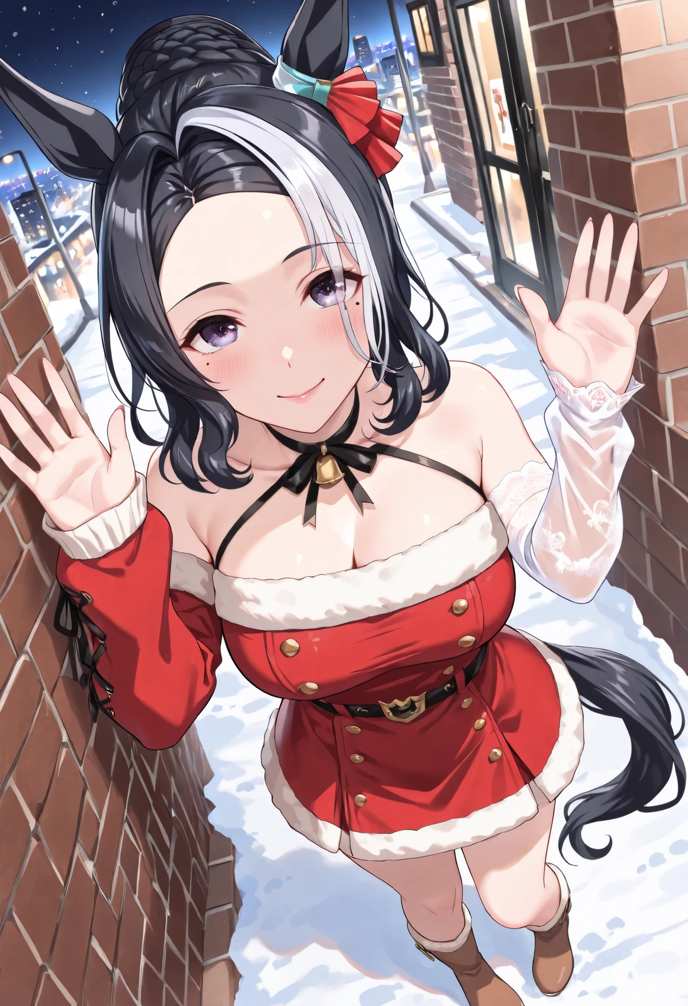 (masterpiece, best quality, perfect face:1.4), wide angle, full body, mejiro ramonu \(umamusume\), black hair, white hair, multicolored hair, wavy hair, purple eyes, mole under eye, ear ornament, horse ears, horse tail, tail on the lower back, proportional body, proportional,1 girl, beautiful hair, beautiful face, beautiful detailed eyes, beautiful clavicle, beautiful body, beautiful , beautiful thigh, beautiful legs, beautiful fingers, looking at viewer, BREAK, Santa outfit, wearing an oversize dress, loose and cozy fit, Single sleeve, Sleeves past wrists, black-Cross-laced sleeves, santa costume, white fur trim, red velvet dress, translucent ribbon, winter boots, night, brick wall, winter, snow, city, nails, lips, BREAK, ecstatic expression, Ergonomically Correct Body, textured skin, realistic skin, HDR, BREAK, (perfect hands, perfect ),