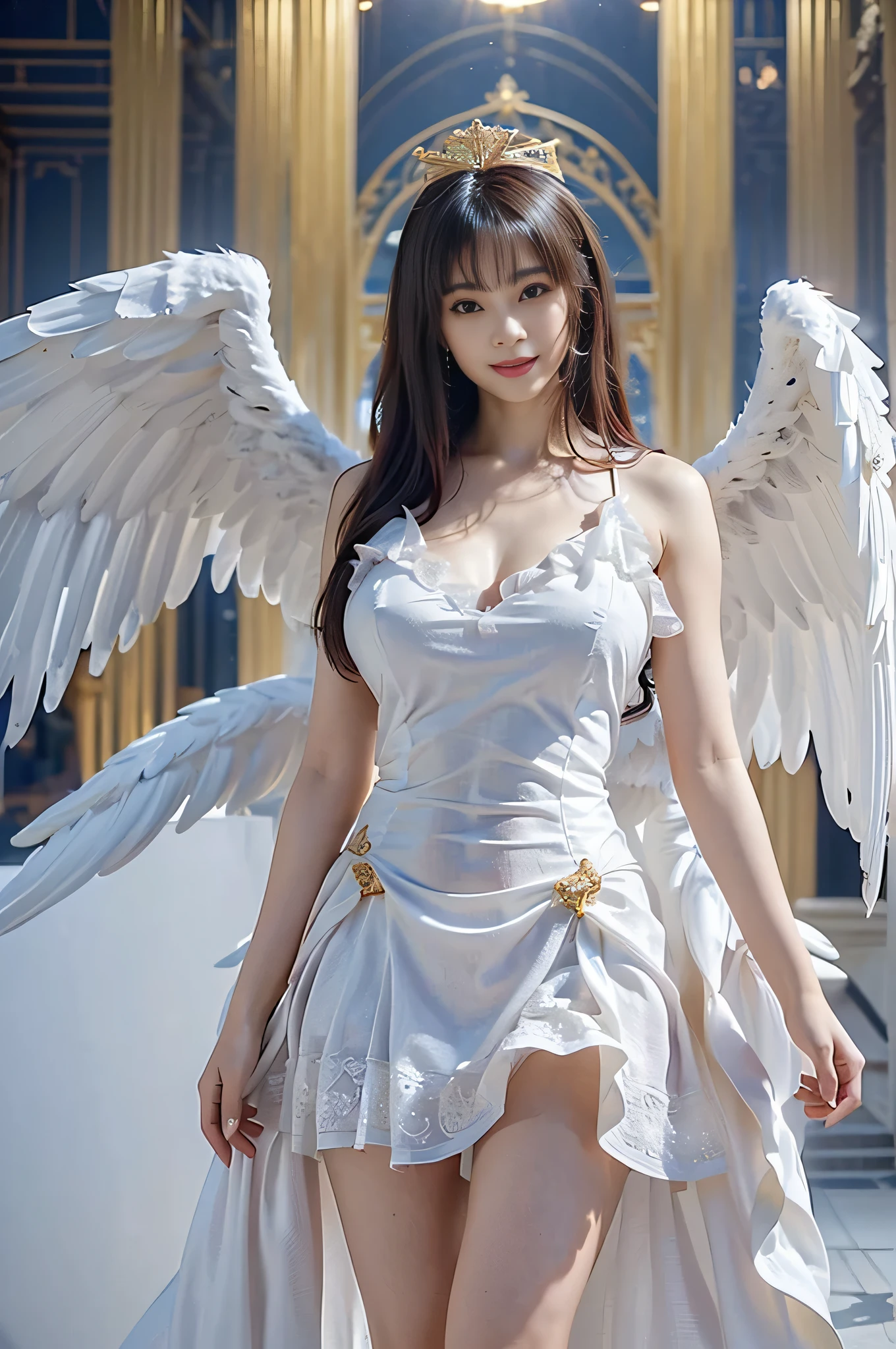 wearing awhite dress, Cleavage, Long hair, Angel wings, standing with one hand outstretched, ribbons covering both eyes, Sideways, Flying, Barefoot, Legs exposed, Shoulders exposed, Panoramic View, Depth of field, all-body, church, Dark background,