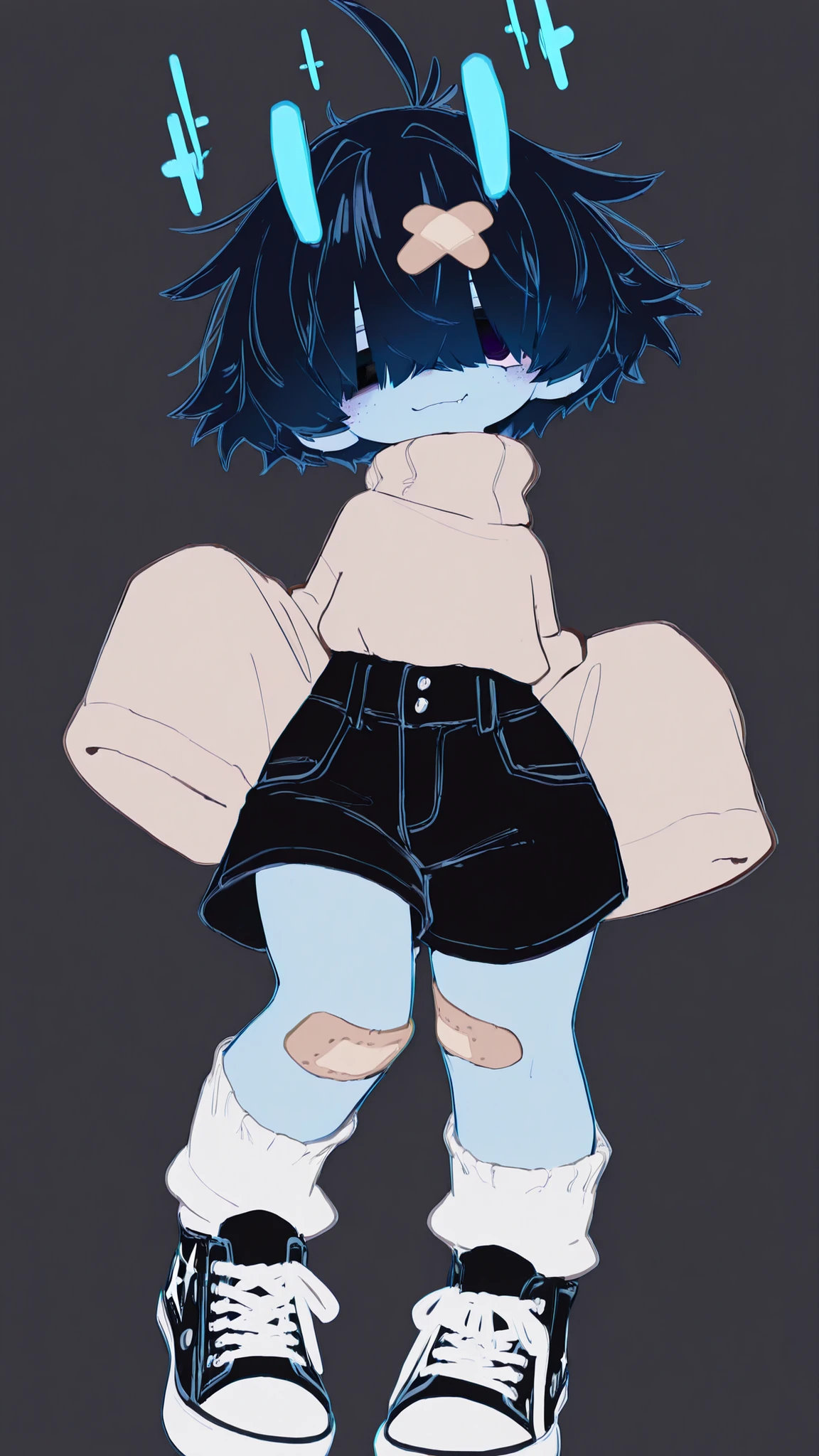 Solo, 4'0 Height, Femboy, boy, Otokonoko, human, human form, humanoid, Blue alien antennas, Messy Medium Short hair, black Dark Blue Hair, one turquoise eye, one indigo eye, Hair over eyes, Hair cover eyes, Oversized bang hair, Freckles, flat Chests, little bit medium wide body, high medium hips, Blue alien long thin tail, feminine body, fang, Oversized Turtleneck Blue medium Zipper, long oversized sleeves, Black short pants, 2 bandaids on knees, White socks, Black Converse Chuck Taylor ll-Star High Top Core Shoes, Happy expression, Closed mouth, Full body,