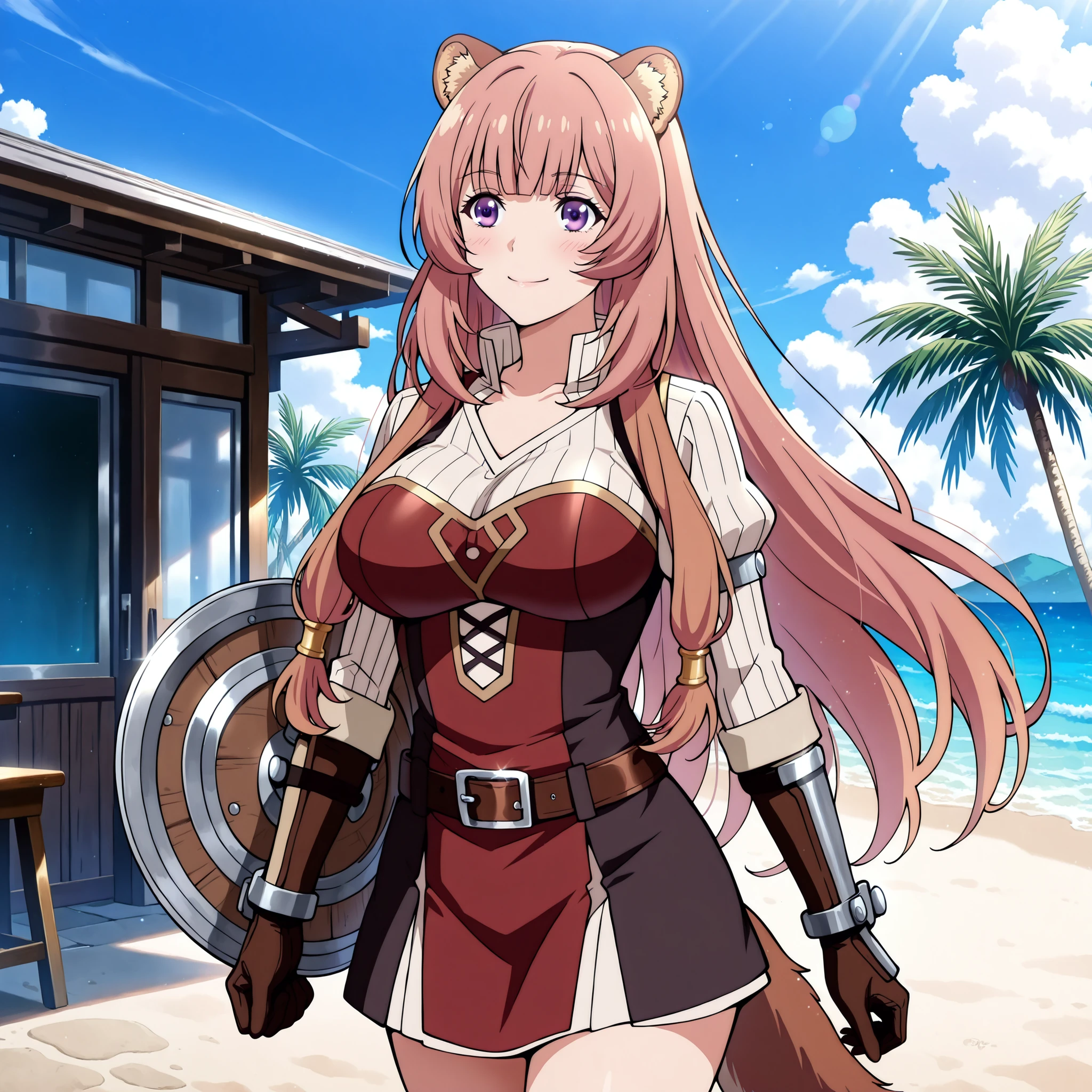 Ichinose Honami (from Classroom of the Elite), long flowing pink hair, violet eyes, slender figure with large breasts. Soft cheerful smile with a slight blush. Wearing Raphtalia's outfit from Shield Hero (brown tunic, leather belts, armguards, tail details), fitted to highlight her curves. Walking happily along a tropical paradise beach, gentle waves and blue sky in the background. Ultra-detailed anime art, vibrant and dramatic lighting, realistic smooth textures, impeccable aesthetics, 4K masterpiece quality.