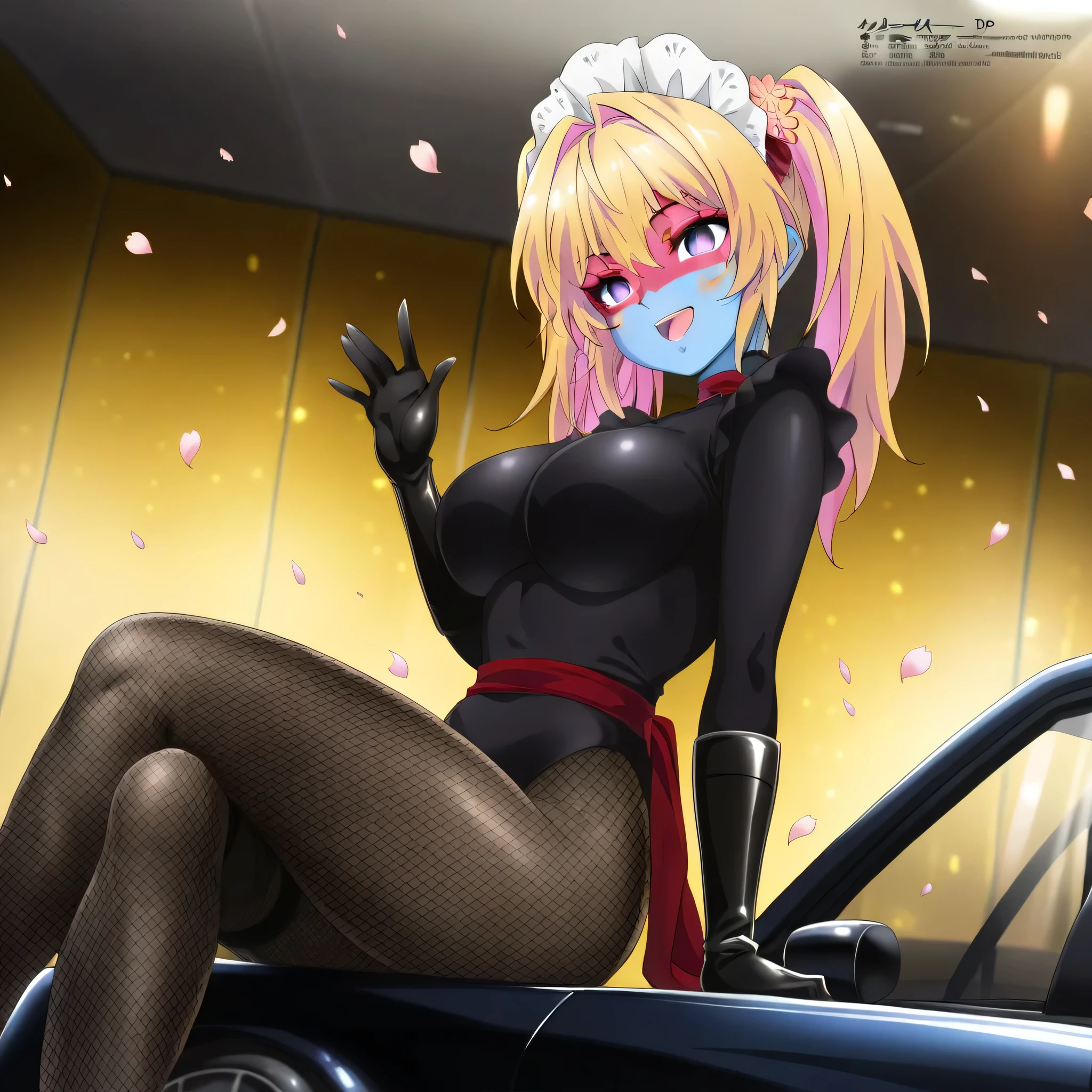 (((Masterpiece))), (((Best Quality))), ((Super Detail)), ultra-High resolution, score_9,score_8_up,score_7_up,score_6_up,score_5_up,score_4_up, BREAK, source_anime, anime screencap, uncensored, Masterpiece, (best shadow), (absurdres), (detailed background), (very aesthetic), detailed beautiful eyes, outstanding, an exquisite animation illustration, curvy, highres, shiny clothing, dark persona, empty eyes, blank eyes, shocker, black leotard, latex elbow gloves, brown fishnet pantyhose, red skin, blue skin, colored skin, red sash, neck, makeup, (((solo, 1girl))), hair ornament,  pose, submissive pose, anime style, anime coloring, animification, megami magazine,  pose, dynamic angle, cinematic angle, dutch angle, dynamic composition, large , kannawa azusa, blonde hair, hair intakes, long hair, multicolored hair, pink hair, two-tone hair, purple eyes, kannawa_azusa_bukiyounasenpai, colored inner hair, pink hair, twin tails, ahoge, large hair, maid headdress, open mouth, waving hand, waving, leaning on car, car, motor show, spotlight, smile, happy, car, luxury car, cafe,  sitting on car, tilt head, head tilt, flower petals, petals, wind, windy, crossed legs, from side, view from side, looking from side, cowboy shot