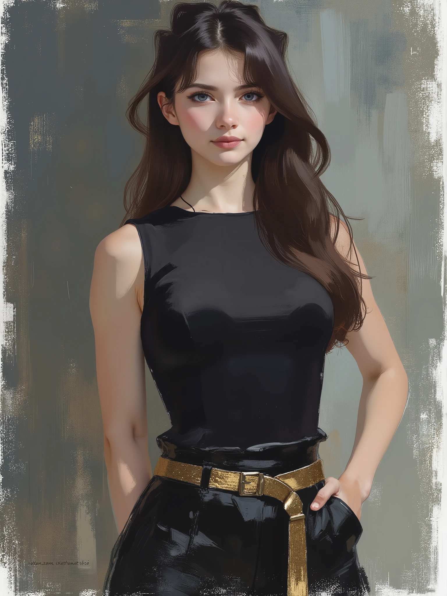 sketch painting, sr3fmj, brush strokes, stylized illustration, Akaninbat, Komi_shouko, A very beautiful and cute 22 year old woman. Slight smile, long hair, deep gaze, blue eyes, western eyes, detailed blue eyes, beautiful eyes, natural pink lips, thin lips, detailed lips, beautiful lips, clear face. Fair skin, perfect body, very feminine body, well-formed thighs, perfect proportions, perfect thighs, perfect anatomy, anatomical correct. Jet-black medieval fitted sleeveless t-shirt, jet-black medieval style tight leather pants, golden medieval style leather belt. Half body view, cowboy shot, RAW, standing, full body view, looking at the viewer, dynamic pose, graceful pose, relaxed pose, view frontal. Bright lighting, vibrant colors, colorful, sharp foreground, clear image, sharp focus, soft depth of field, blurry background, bokeh background. Masterpiece, best quality, high resolution, top quality, high quality, UHD, 16k quality, no blur, film grain. The background is dark_gray and painted with expressive, visible textures using dynamic brushstrokes and strokes that add depth and movement. The paint covers only the area just behind the subject. The outer edges of the image with jet-black margins, as if the background had been painted with a brush and with expressive and visible textures using dynamic brushstrokes and strokes fading toward the edges creating a modern and artistic vignette effect.