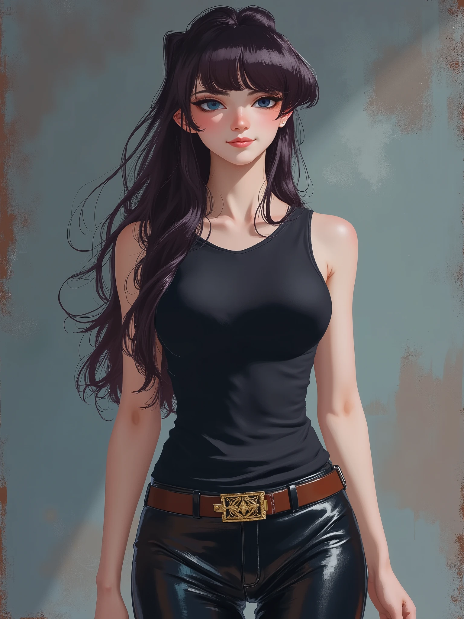 sr3fmj, brush strokes, stylized illustration, Akaninbat, Komi_shouko, A very beautiful and cute 22 year old woman. Slight smile, long hair, deep gaze, blue eyes, western eyes, detailed blue eyes, beautiful eyes, natural pink lips, thin lips, detailed lips, beautiful lips, clear face. Fair skin, perfect body, very feminine body, well-formed thighs, perfect proportions, perfect thighs, perfect anatomy, anatomical correct. Jet-black medieval fitted sleeveless t-shirt, jet-black medieval style tight leather pants, golden medieval style leather belt. Half body view, cowboy shot, RAW, standing, full body view, looking at the viewer, dynamic pose, graceful pose, relaxed pose, view frontal. Bright lighting, vibrant colors, colorful, sharp foreground, clear image, sharp focus, soft depth of field, blurry background, bokeh background. Masterpiece, best quality, high resolution, top quality, high quality, UHD, 16k quality, no blur, film grain. The background is dark_gray and painted with expressive, visible textures using dynamic brushstrokes and strokes that add depth and movement. The paint covers only the area just behind the subject. The outer edges of the image with jet-black margins, as if the background had been painted with a brush and with expressive and visible textures using dynamic brushstrokes and strokes fading toward the edges creating a modern and artistic vignette effect.