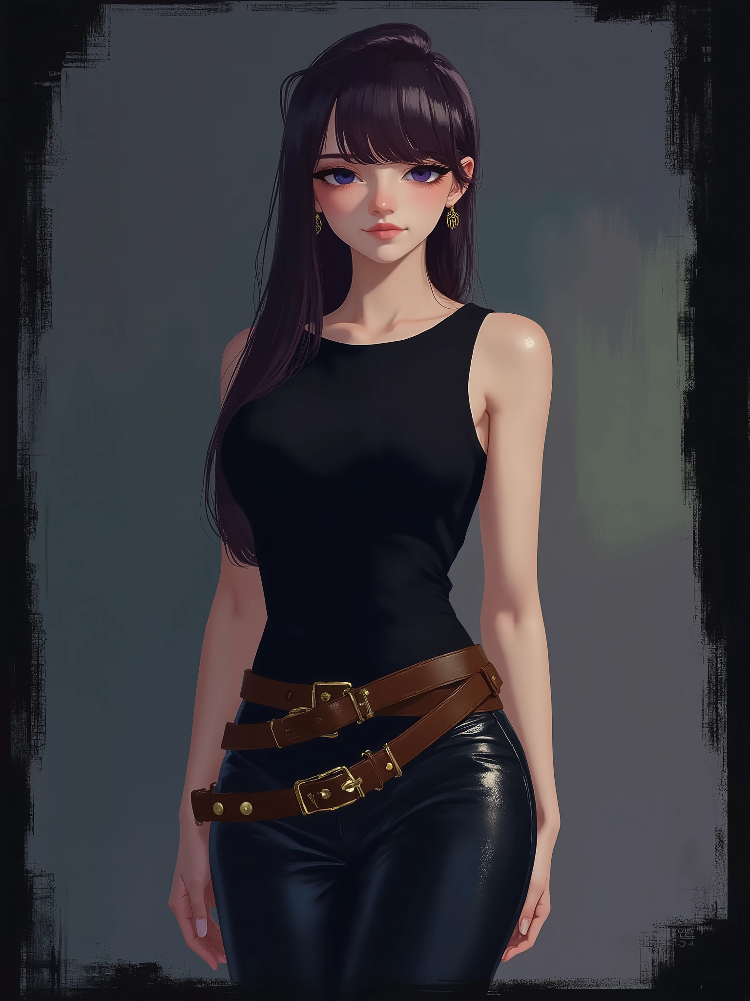 sr3fmj, brush strokes, stylized illustration, Akaninbat, Komi_shouko, A very beautiful and cute 22 year old woman. Slight smile, long hair, deep gaze, blue eyes, western eyes, detailed blue eyes, beautiful eyes, natural pink lips, thin lips, detailed lips, beautiful lips, clear face. Fair skin, perfect body, very feminine body, well-formed thighs, perfect proportions, perfect thighs, perfect anatomy, anatomical correct. Jet-black medieval fitted sleeveless t-shirt, jet-black medieval style tight leather pants, golden medieval style leather belt. Half body view, cowboy shot, RAW, standing, full body view, looking at the viewer, dynamic pose, graceful pose, relaxed pose, view frontal. Bright lighting, vibrant colors, colorful, sharp foreground, clear image, sharp focus, soft depth of field, blurry background, bokeh background. Masterpiece, best quality, high resolution, top quality, high quality, UHD, 16k quality, no blur, film grain. The background is dark_gray and painted with expressive, visible textures using dynamic brushstrokes and strokes that add depth and movement. The paint covers only the area just behind the subject. The outer edges of the image with jet-black margins, as if the background had been painted with a brush and with expressive and visible textures using dynamic brushstrokes and strokes fading toward the edges creating a modern and artistic vignette effect.
