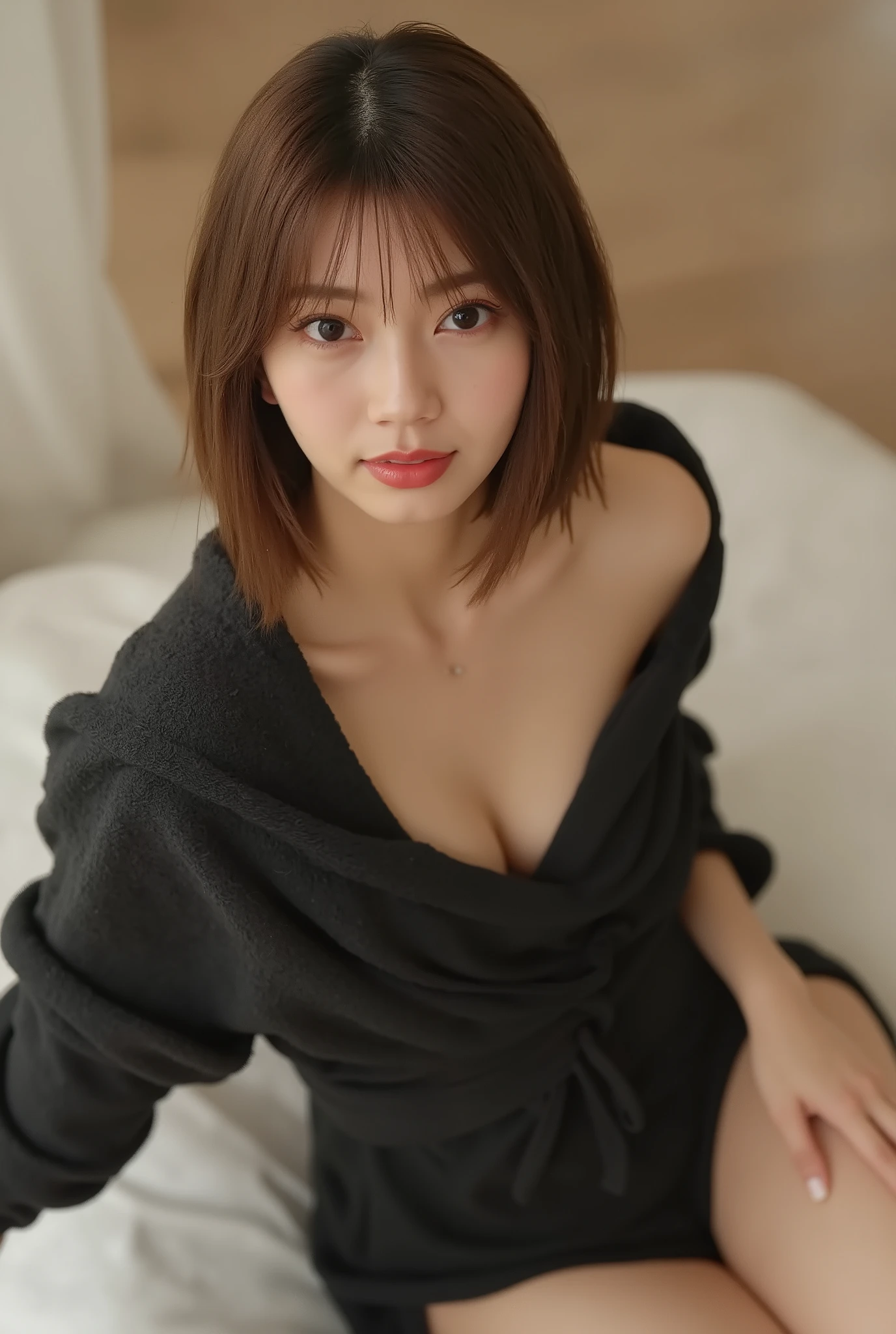 ((wide々display like, side map)), very beautiful short brown bob girl in her 20s, is relaxing on a soft mattress in a seductive and and sensual style, ((Very beautiful short brown haired bob girl in her 20s just wearing a black bathrobe)), perfection medium breasts hanging from my tentacles, extremely white smooth skin, tubuh langsing, perfectionなプロポーションの体, sexy body,   Exposed smooth white thighs, perfection, and sensual, soft red lips,  極端にperfectionな唇 , Beautiful large round eyes, very beautiful eyes, Ultra detailed cleavage and curves, Ultra Realistic Cinematic Lighting, Detail 8k, masterpiece ,  Dramatic reflection of light, photo-quality realism, and sensual and plump vibe.