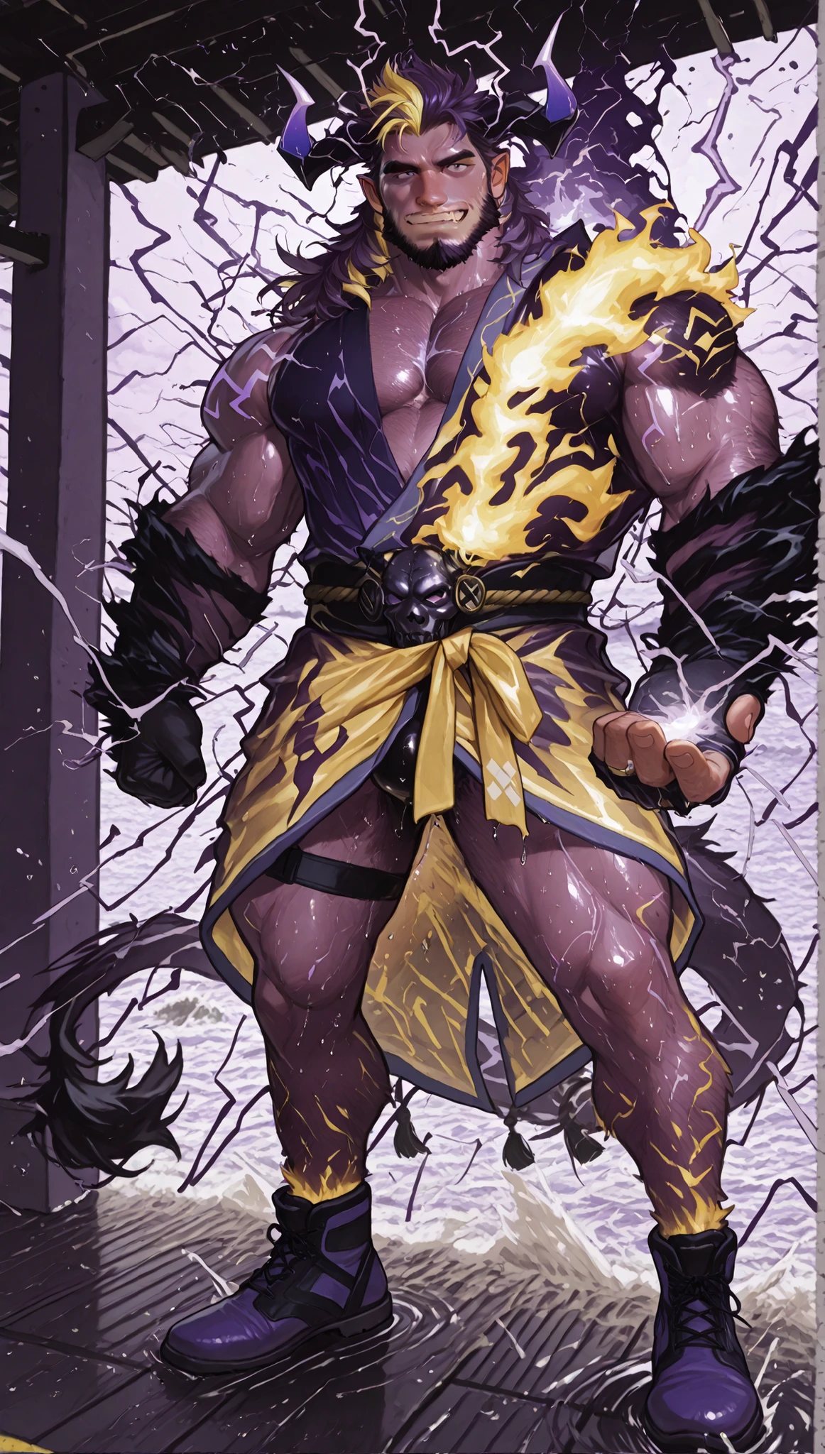 male devil playing in a water park,switch to a larger image, Background of the depiction.、his genitals are not depicted、is wrapped in yellow thunder,more than the character Realistic,horns growing from purple lightning,The upper half of his devilish face is covered {x} he has sideburns that look like he has painted his entire neck with metallic paint {X} purple lightning pattern on both sides of his hair,Purple beard,Devil's Face  , Background of the depiction of a devil wearing clothes, 8K High Resolution Art , nose, Eyebrows are purple thunder,The horse's tip is purple thunderで燃えている,Gigachad's Muscular, Razielle IRL, Art Stationで人気, Male art, POV fur art, Switch to a larger image of God Poseidon, strong, Fat, Buccanarian's Body, SFW version, Art Stationの男性的な美的センス,Epidermal、Naked skin is dark gray、light purple,purple hair shines through,his hair shines fluorescent purple,his hair is like purple thunder,Both sides of his hair are connected to his beard.。The horse's tip is purple thunder,The back part of the upper center is a king style devil with yellow hair,horns growing from purple lightning.,彼の性器はis wrapped in yellow thunder,Background of the depiction is a realistic beach.,his genitals are burning with a yellow flame.。