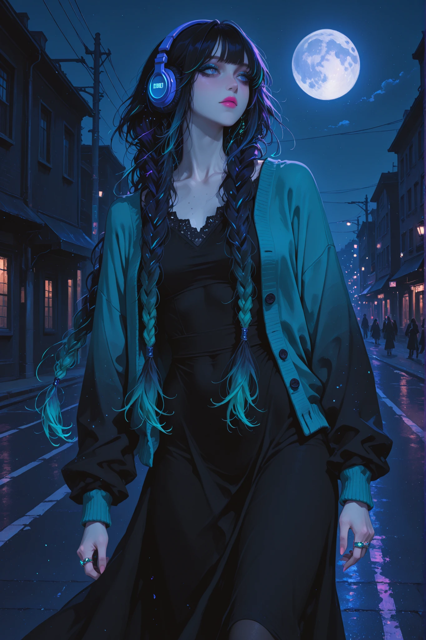 anime style, anime coloring, 8k, HDR, extremely detailed face and eyes, beautiful face and eyes, solo, beautiful, cool, masterpiece, top quality, great quality, dynamic pose, background, highres, matte colouring, flat colouring, matte skin, 1girl, young woman, dynamic hair, dynamic clothes, multicoloured hair, gradient hair, 2braids, long braids, bangs, rings in braids, braid_jewellery, black_hair_roots, dark_blue highlights in hair, indigo highlights in hair, teal highlights in hair, emerald highlights in hair, purple_blue highlights in hair, blue eyes, sharp dark_blue eyeliner, pink lipstick, maxi dress, tight dress, plain black dress, black dress, black dress, black dress, tight dress, tight dress, dress covers neck, stretchy dress, modest dress, modest clothes, colourful cardigan, unbottoned cardigan, big headphones, night, outside, fullmoon, street lights, walking home, empty street, side angle, turning around, braids sway, flowing braids, flowing fabric, wind