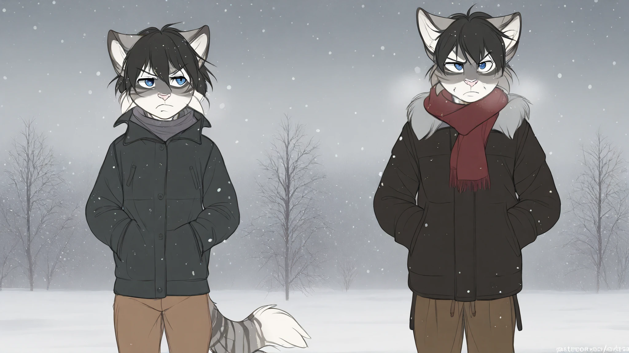 best quality, detailed, beautiful, edgarIskra, black hair, blue eyes, striped fur, grey fur, skinny, 1boy, solo, furry, winter, outside, hands in pockets, scarf, black jacket, brown pants, scowl, cold, shivering, closed mouth, snowing, snow