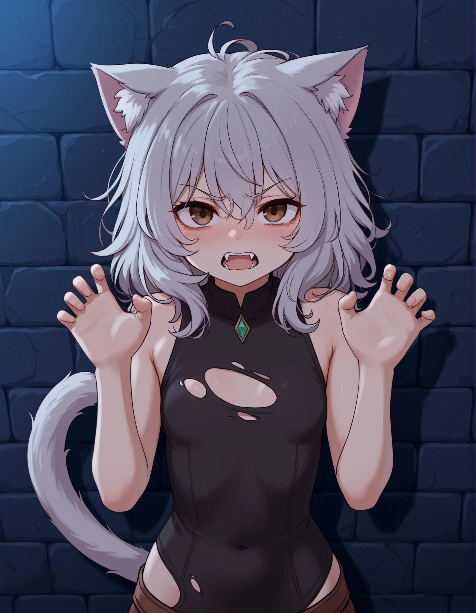 brikotart,, 1girl, petite, (skinny and frail:0.7), cat girl, against wall, stone wall, brown eyes,looking at viewer, grey hair, medium hair, messy hair, angry, (scared:0.4), (open mouth:0.5), fangs, hands up, (tearing up:0.5), tail raised, torn clothes, straight-on, dark, night, outdoors, masterpiece,best quality, amazing quality,