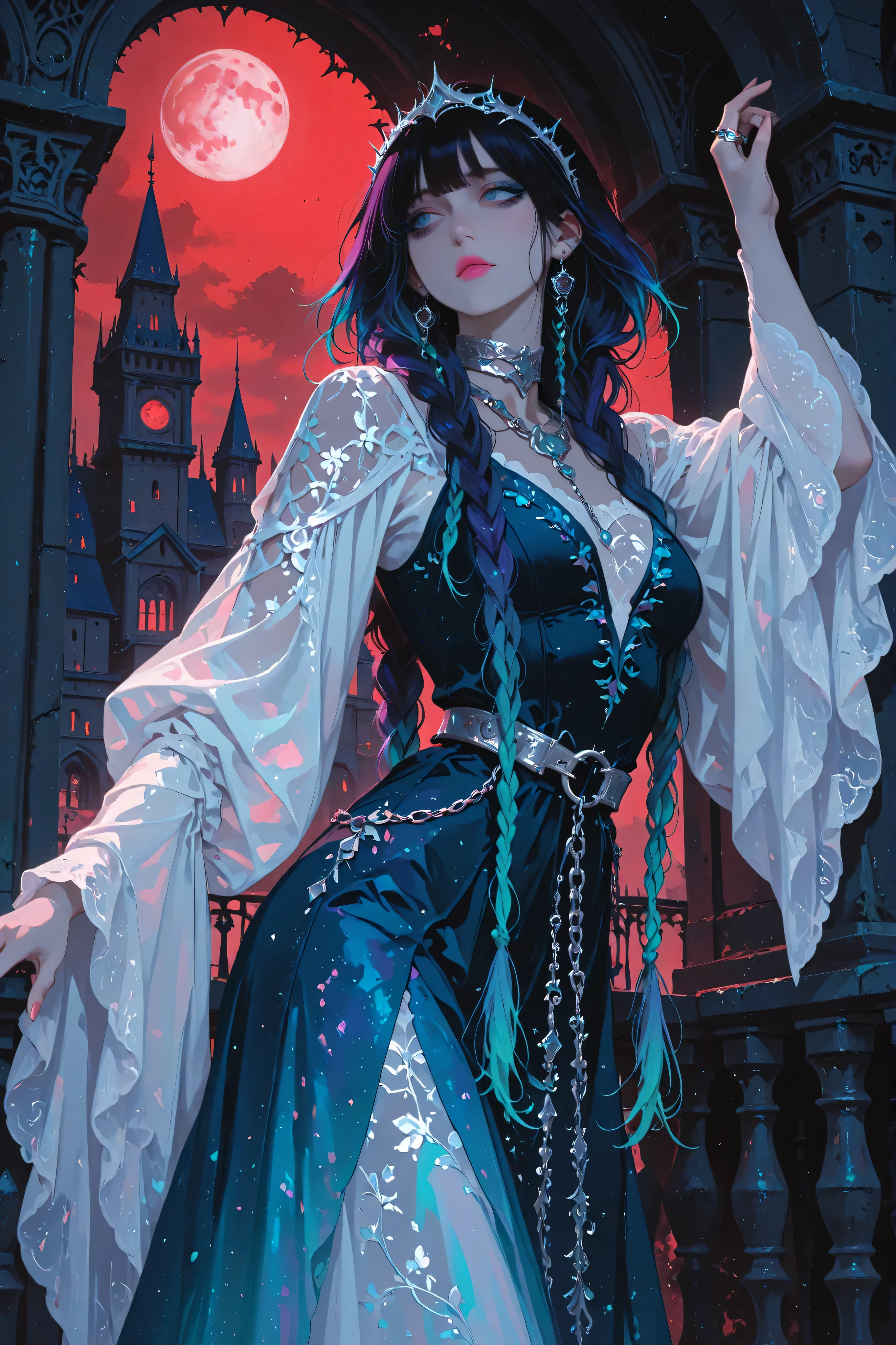 anime style, anime coloring, 8k, HDR, extremely detailed face and eyes, beautiful face and eyes, solo, beautiful, cool, masterpiece, top quality, great quality, dynamic pose, background, highres, matte colouring, flat colouring, matte skin, 1girl, young woman, dynamic hair, dynamic clothes, multicoloured hair, gradient hair, 2braids, long braids, bangs, rings in braids, braid_jewellery, black_hair_roots, iridescent hair, dark_blue highlights, indigo highlights, teal highlights, emerald highlights, purple_blue highlights, blue eyes, sharp dark_blue eyeliner, pink lipstick, medieval dress, fantasy dress, cold shoulder, iridescent dress, ethereal, dress made of dreams and nightmares, dress_lacing_in front, wide sleeves, silver jewellery, elegant metal headband, long earrings, silver chain choker, layered_necklaces, silver decorative belt on hips, long sleeves, wide sleeves, white sleeves, mesh, designer dress, maxi dress, sheer fabric, intricate patterns, panicked face expression, gothic castle balcony, night, outside, nightlight, gothic tower, red sky, fullmoon, flowers on balcony, cool lighting, side angle, dancing, turning around, braids sway, flowing fabric, flowing braids, wind, black thorns