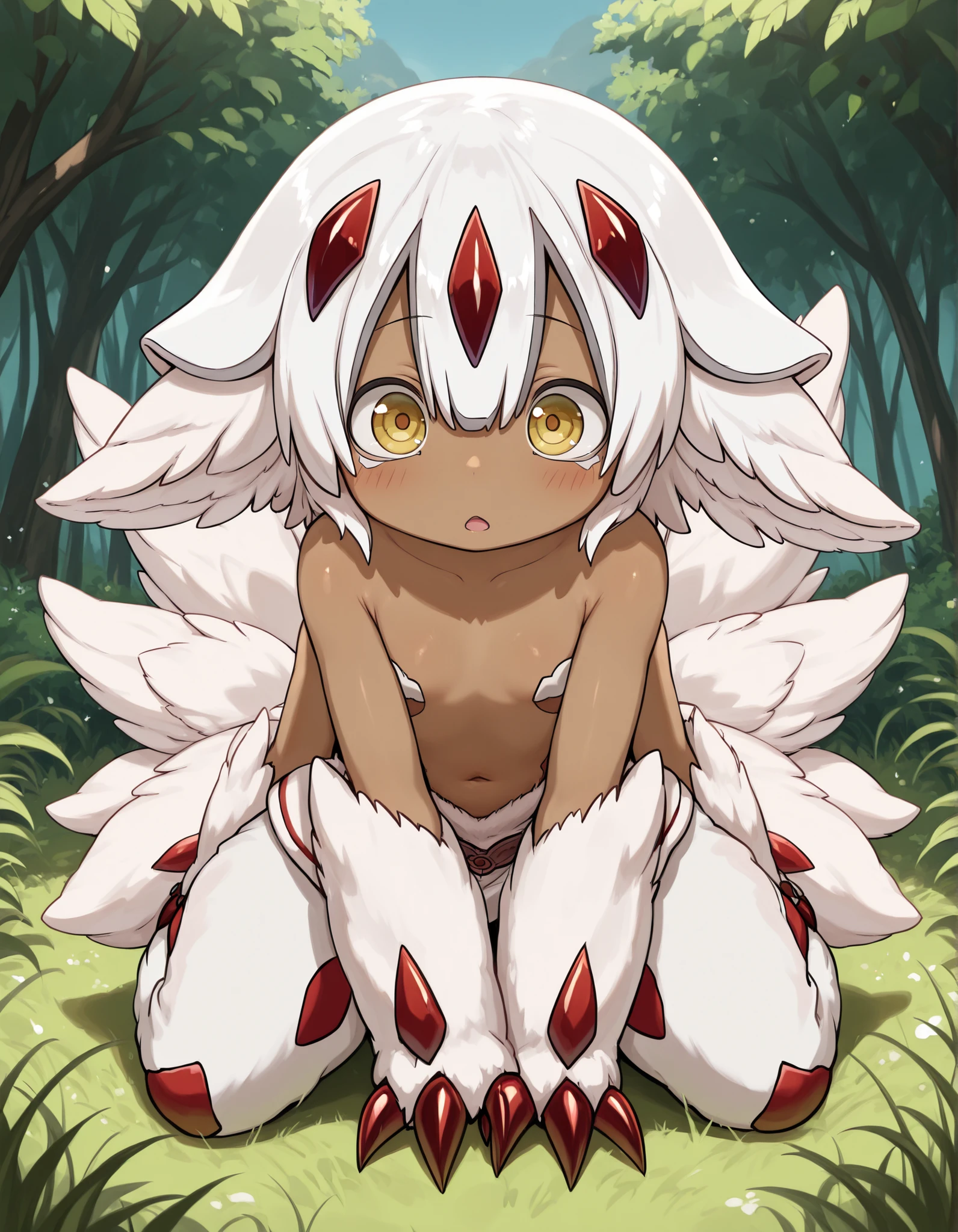 brikotart,, (masterpiece, best quality, high quality, good quality), solo, 1girl, faputa,, faputa (made in abyss), flat chest tuft of fur, kemonomimi, white fur, dark skin, four arms, red claws, yellow eyes, outdoors, safe,