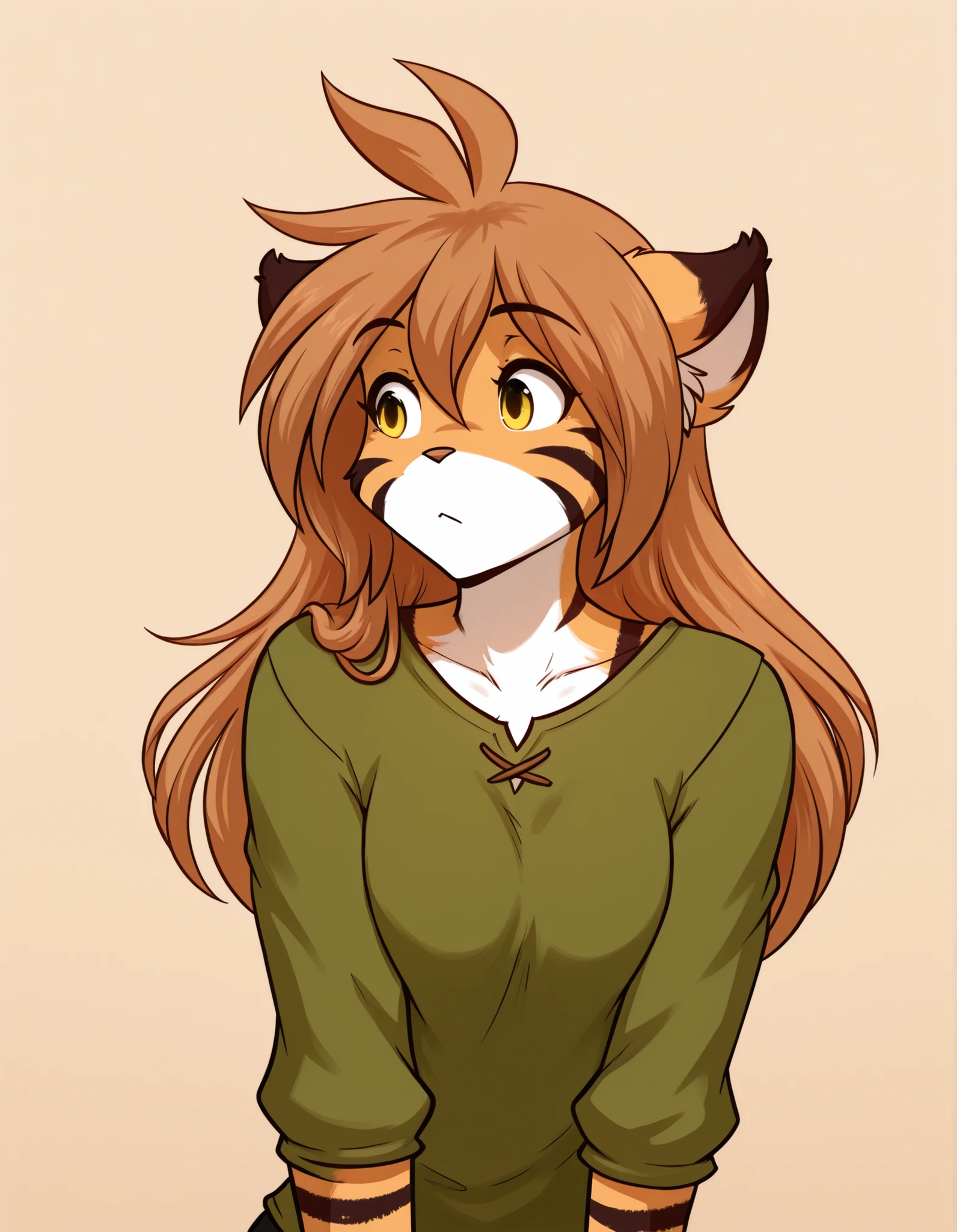 brikotart,, furry, solo, flora-twokinds, flora_twokinds,, tiger, striped fur, keidran, yellow eyes, anthro, simple background,,, green shirt