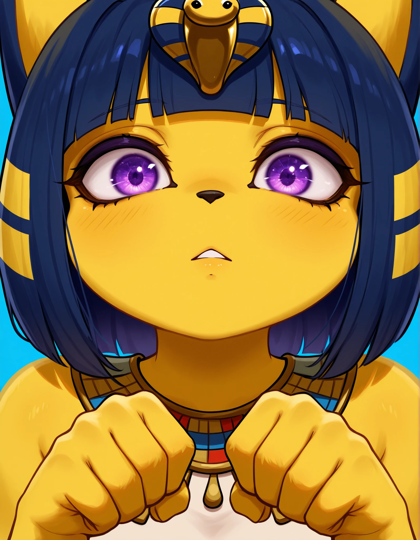 brikotart,, depth of field, 1girl, furry, ankha \(animal crossing\), expressionless, eye reflection, yellow background, yellow theme, blue background, desert,, purple eyes, glowing eyes, wide-eyed, paw pose, looking at viewer, close-up, parted lips,