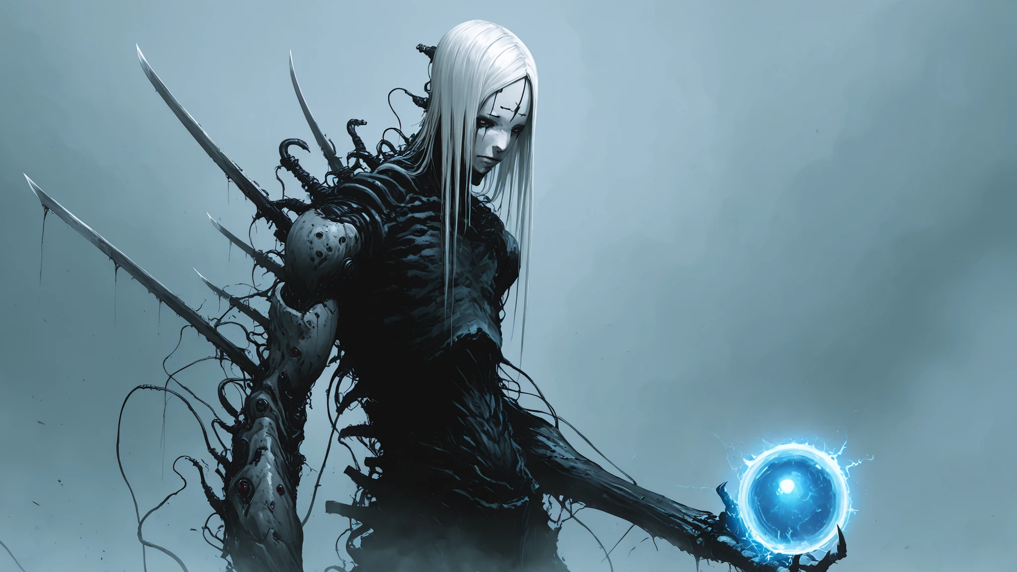 capa negra, white hair, forehead tattoo ,murderer, cyborg,fog,Shady,mysterious,terrific,horror,raw,plasma cannon on his right arm,blue energy sphere,blades in his left hand