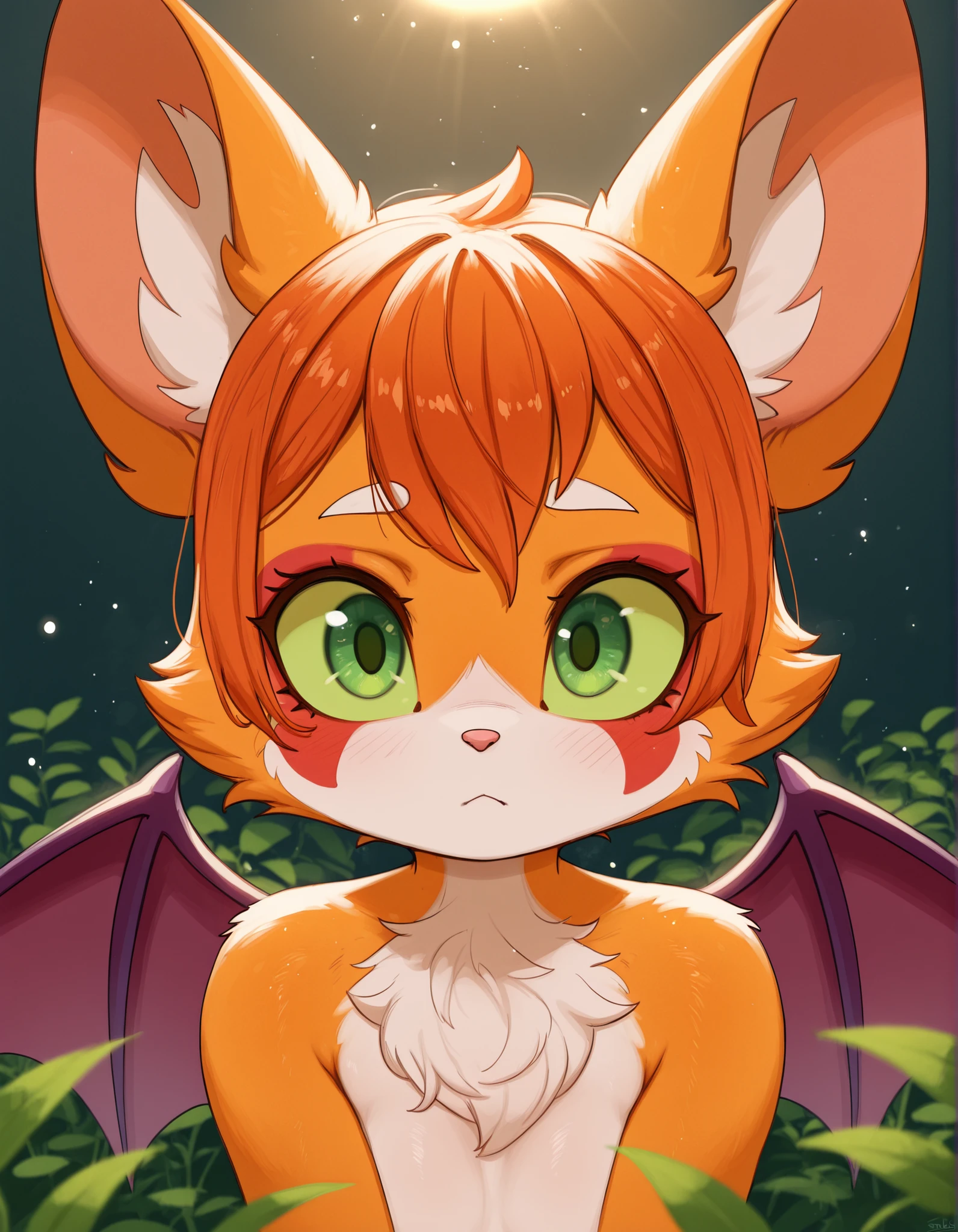 brikotart,, masterpiece, best quality, very aesthetic, (1girl:0.7),, (solo:1.3), furry, fidget \(elysian tail\), nimbat, fidget_daet, anthro, furry female, wings, tail, green eyes, colored sclera, bat wings, facial markings, orange fur, white fur, two-tone fur,membranous wings, fluffy, portrait, big eyes, young, BREAK, masterpiece, best quality, high quality, particles effect, [:by Desubox:0.15], [:by Anchee, by Snowskau:0.55], detailed background, detailed foreground, subtle shadows, depth of field, backlighting, plant, nude
