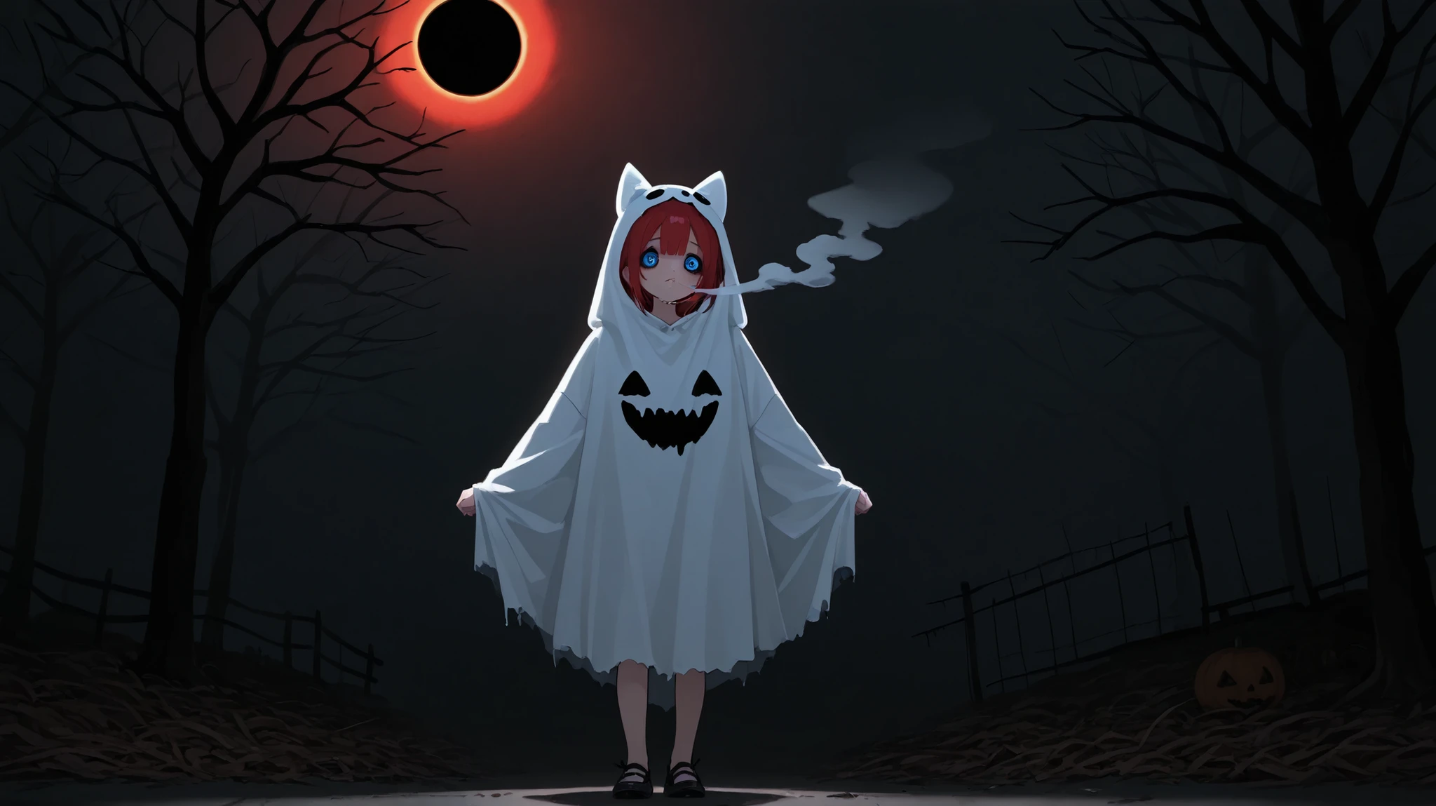 kawaii style,1girl,full body,blue eye and red eye,halloween ghost costume,horror,smoke, rotten tree, solar eclipse, halloweencoser,growing eyes