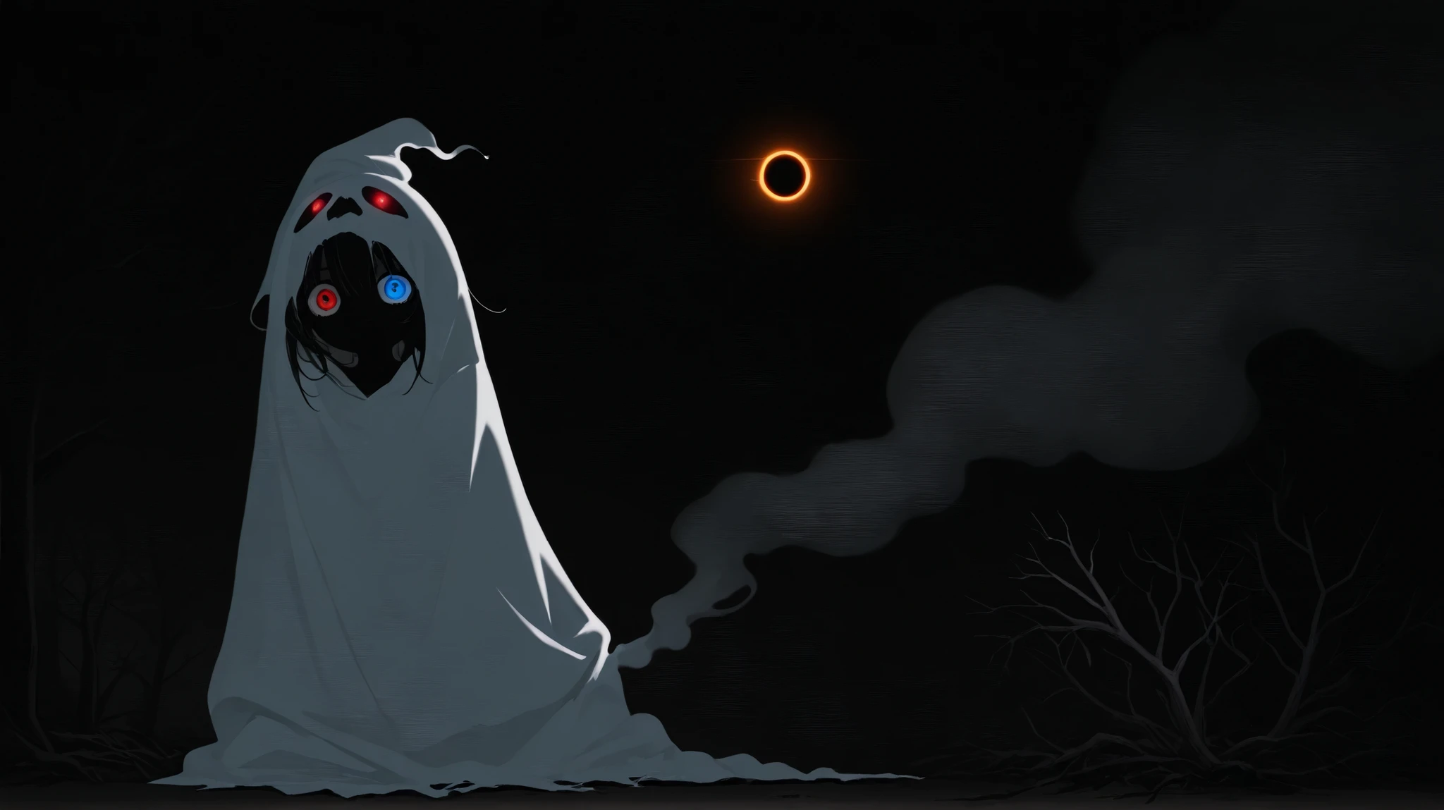 kawaii style,1girl,full body,blue eye and red eye,halloween ghost costume,horror,smoke, rotten tree, solar eclipse, halloweencoser,growing eyes