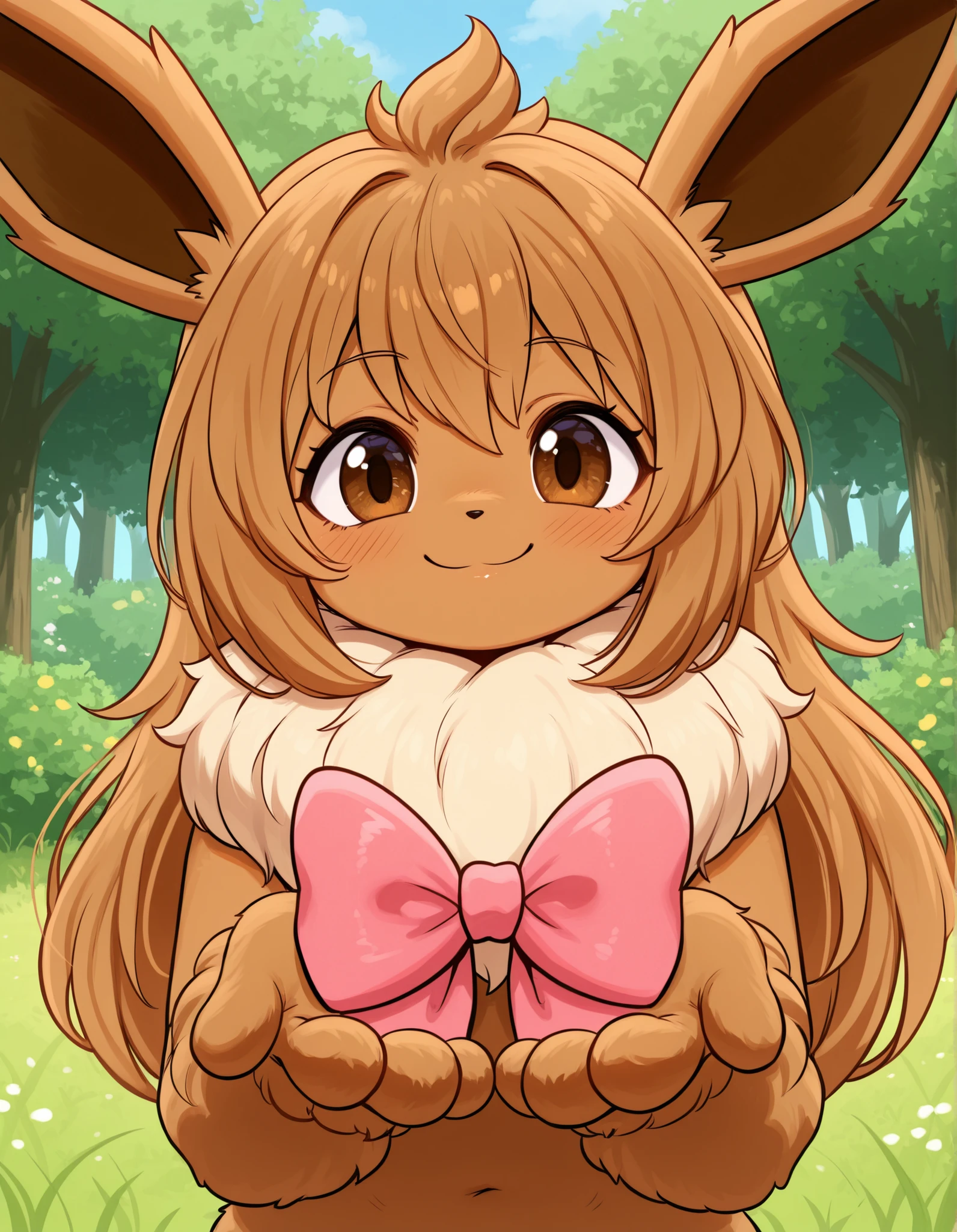brikotart,, pokekid, eevee, fluffy girl, furry girl, female, smile, smiling, has a big pretty bow in her hair, has animal paws for hands, 1girl, best quality, outdoors, high definition, cute,