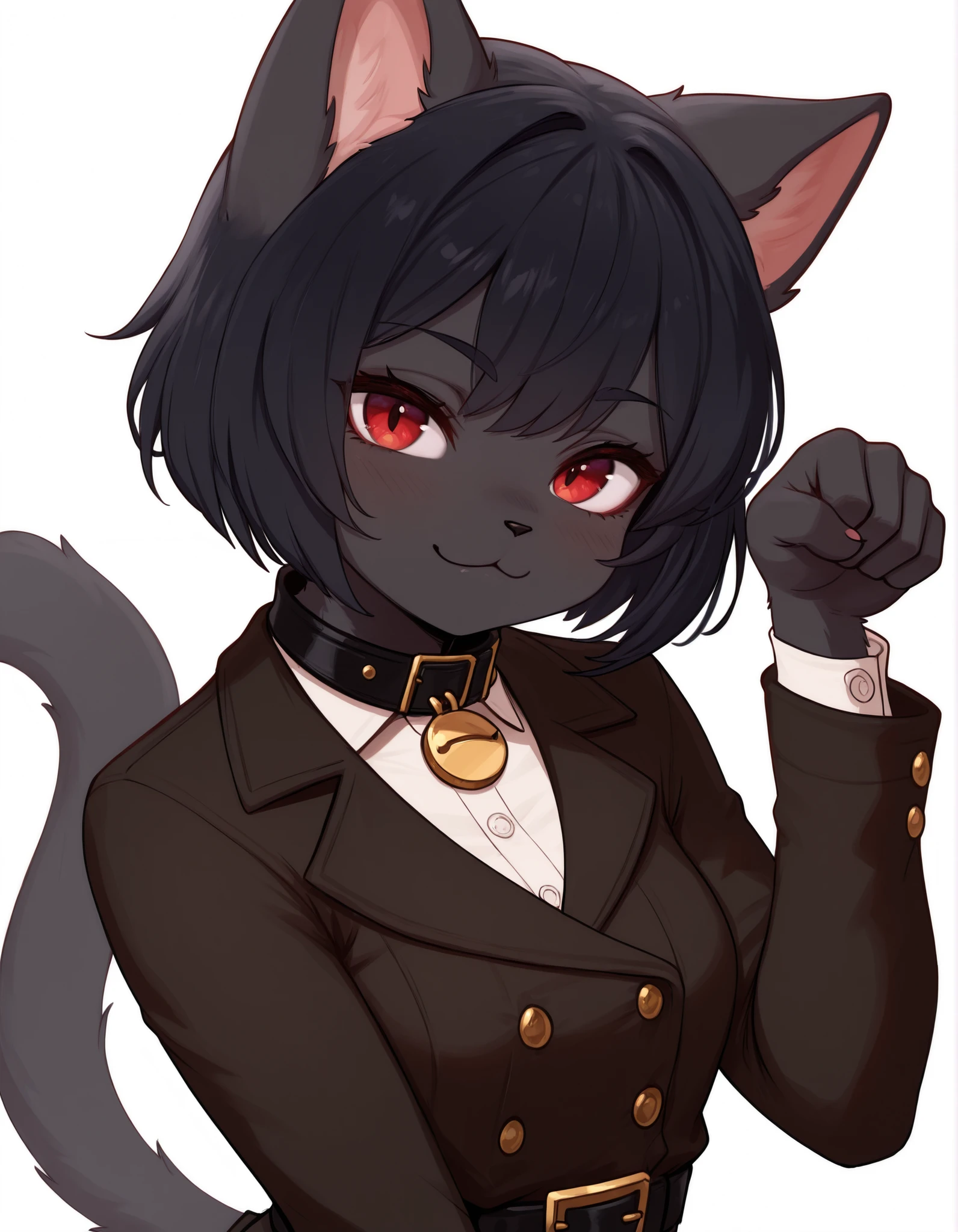 brikotart,, masterpiece, best quality, very aesthetic, 1girl, solo, white background, looking at viewer, portrait, paw pose, :3, furry female, cat girl, animal ears, black hair, short hair, black skin, red eyes, cat tail, black jacket, buttons, long sleeves, black belt, collar, masterpiece, best quality,