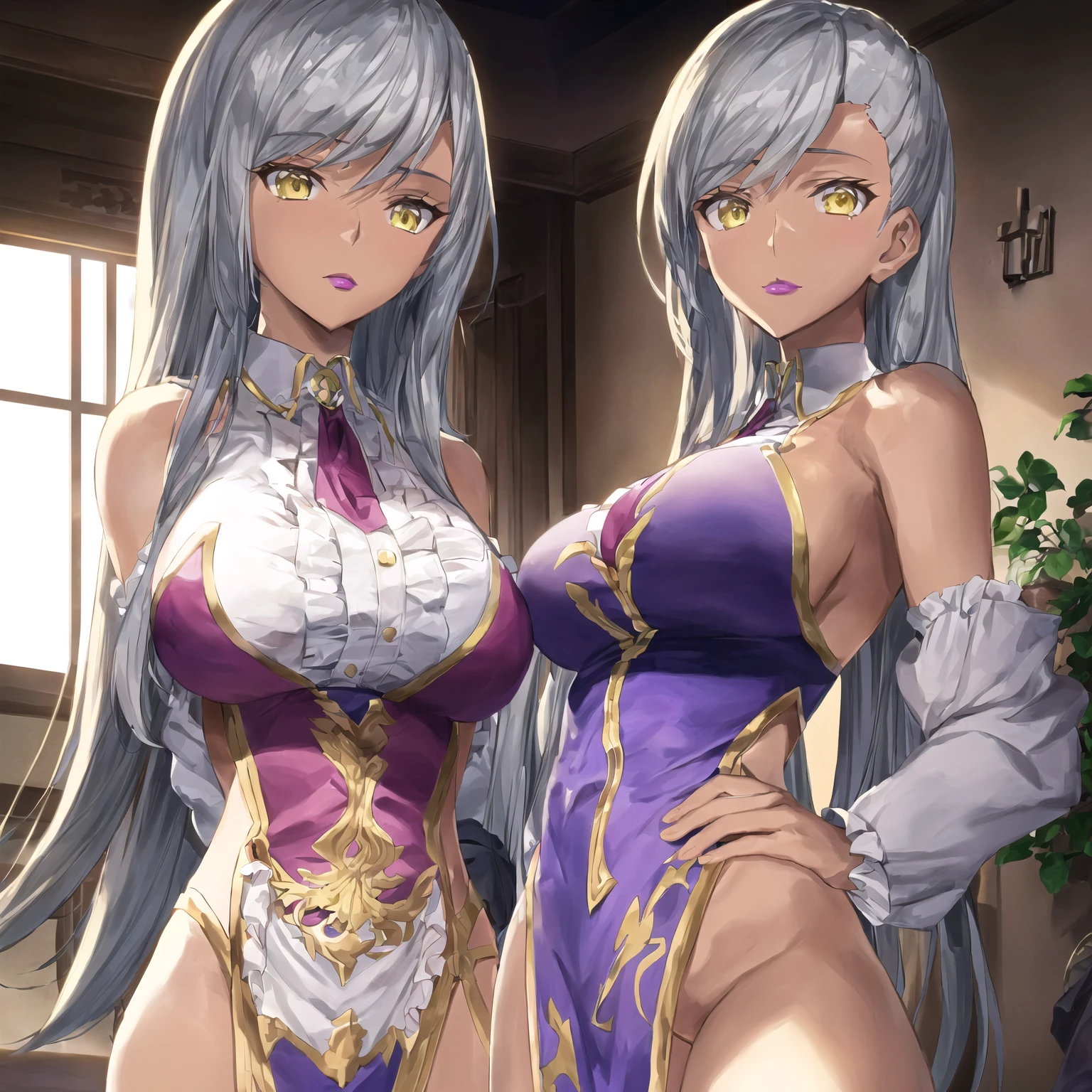 Meisterwerk, Atemberaubend realistisch, fotorealistisch, 12K-UHD, best quality, Sharpness, scharfes Gesicht, 女の子1人,Noelle Silva,big boobs,silver hair,purple eyes,hugs another girl,2 girls cuddling,