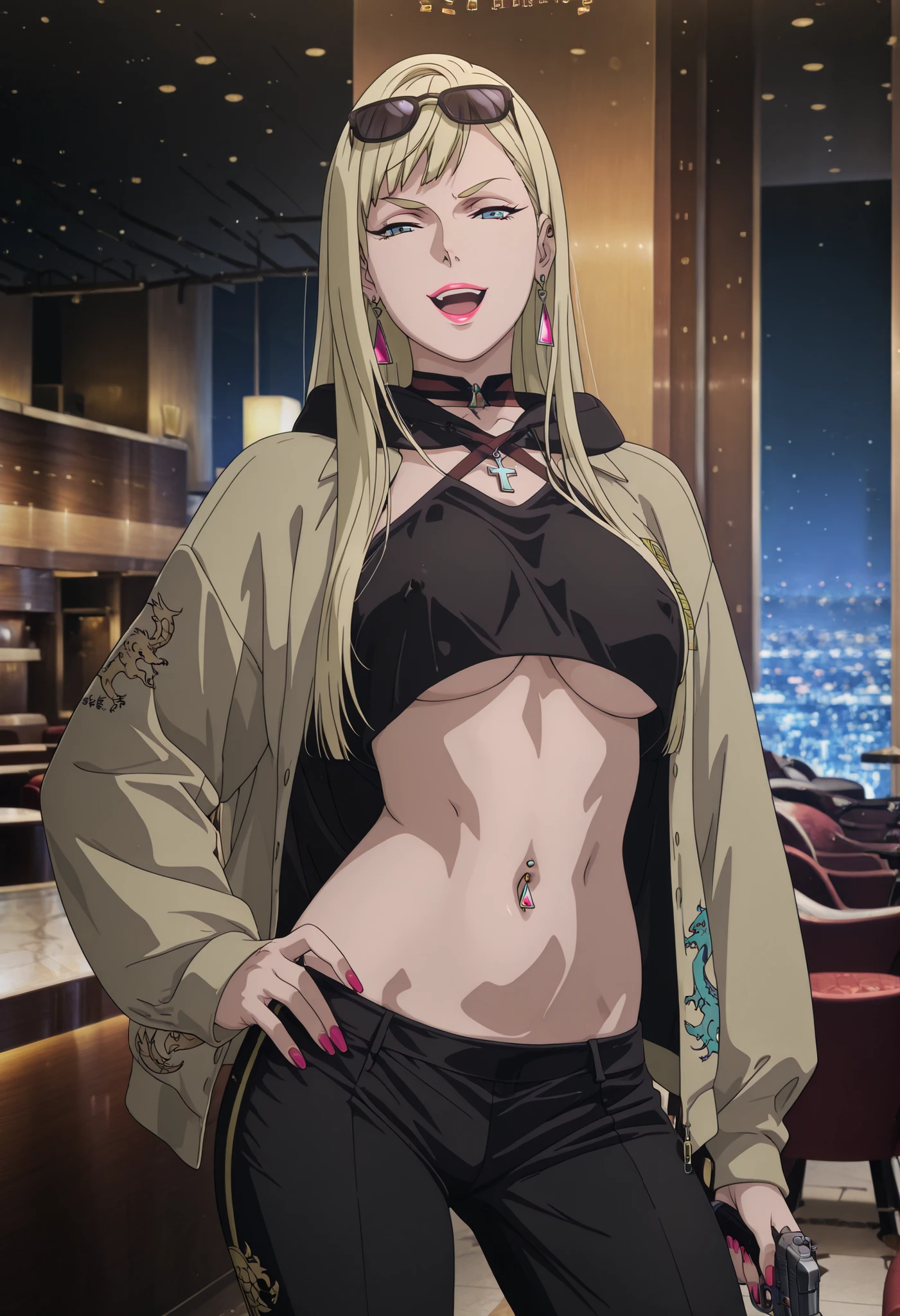 1girl,solo,mm,mature female,long hair,blonde hair,blue eyes,triangle earrings,makeup,lipstick,anime coloring,
,1girl,solo,Andalucia,blonde hair,long hair,blue eyes,earrings,anime coloring, nail polish, ear piercing, long hair, lipstick,Hot girl, baddie, , bad attitude, mean girl, sensual, attractive, cross necklace, choker,jewelry,,, sunglasses on head,,pull_down leggings,(show off panties,:1.2, no panties),seductive smile,, hooded jacket, hood down, 1girl, sexy girl, (fit body:1.1),( BREAK, dragon print black leggings, covered nipples,, shoulder holster,,open mouth, bikini top, underboob, dragon print jacket, criss-cross halter ,bar background, inside bar,indoors, cityscape, casino, nightclub, city lights,, (nsfw) not safe for work,, navel piercing , holding pistol, , , brown jacket , hood , cropped hoodie , black hoodie , black pants , hand on own hip , contrapposto , arm at side , medium large breasts, dragon tattoo on waist, narrowed eyes, tattoo on waist, anipai_style , anime screencap , anime coloring, v-shape eyebrows,,