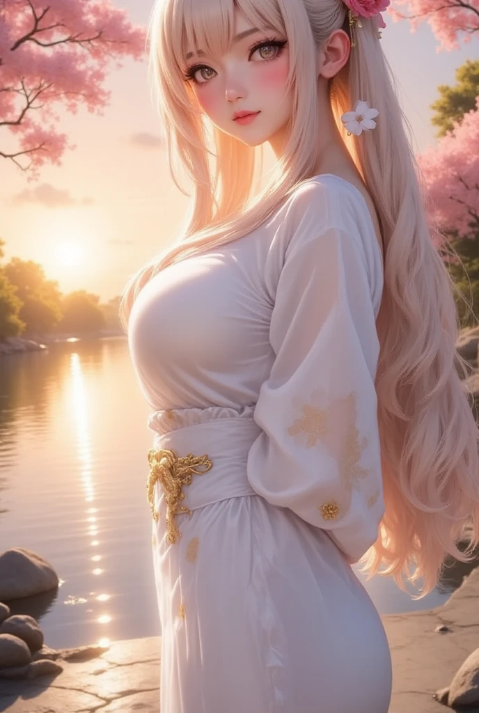 masterpiece, best quality, 1girl, yellow eyes, long hair, white hair, sitting, red kimono, large breasts, light smile, arms behind back, nature, hair ornament, animal ears, bridge, water