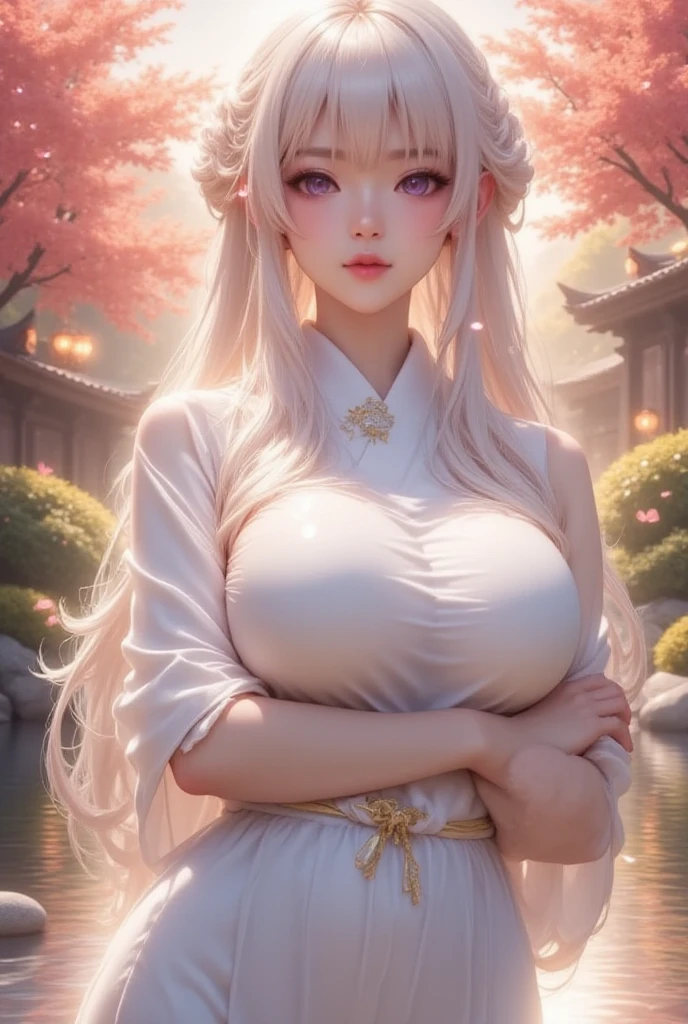 beautiful woman，folk girl，long, White hair and black eyes,red eyes,ฉันมีเปียlongทางด้านขวา.，She is wearing a purple Thai dress.,กระโปรงไทยโบราณlong，holding a jasmine garland,countryside，countryside，beautiful scenery，Ayutthaya historical site，smile with teeth，forehead，forehead exposed，big ，rift, ,(2 young women ,beautiful woman),หน้าอกbig,Show your ???????,The cracks are clear....,((หัวนมbig))，(pubic bone), rift, visible ?????,seductive pose,I see bulging ???????.,(((??????? ขนาดbig:1.4,pink,The ??????? are clearly visible.......))),(Separate outfit showing ???????:1.4), (semi-?????:1.8)