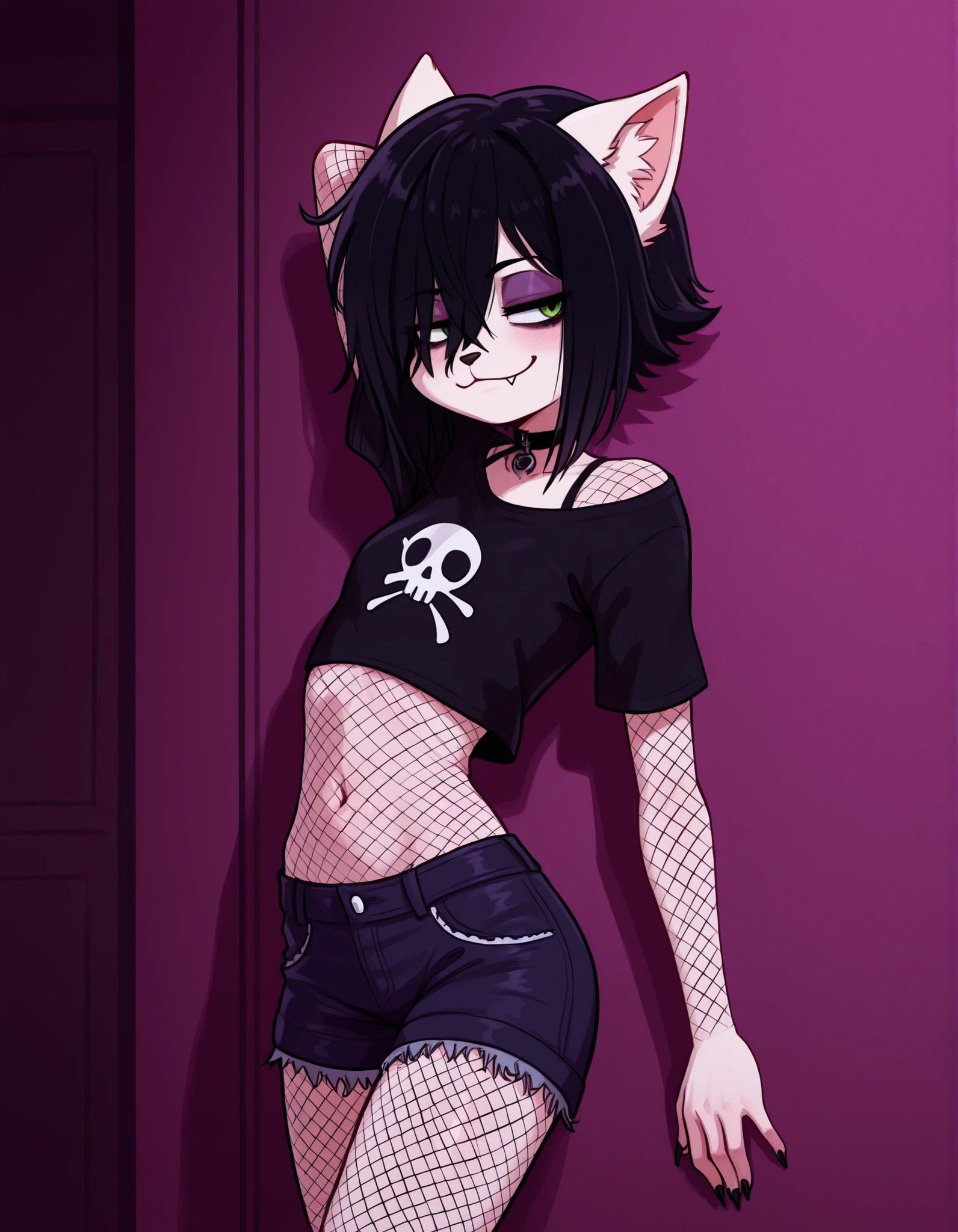 brikotart,, volumetric_lighting, chiaroscuro_lighting, vibrant, shaders, against_the_wall, arched_back, 1girl, interior, solo, detailed, furry, cat, skinny, smug, ((cute_clothes, emo, fishnets)), white_fur, cute, claws, stare, soft_light, stylized, SuchHorriGir,