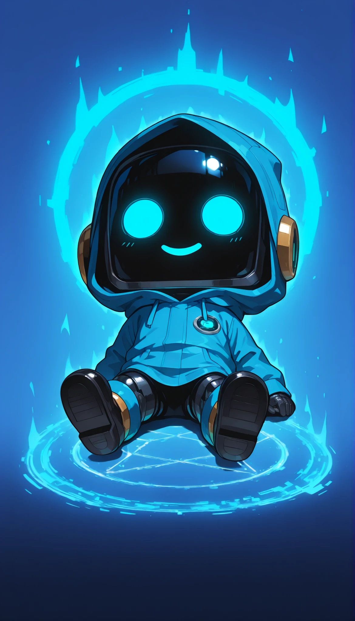 [3D+Realistic] [Model-Test*] - masterpiece, realistic_DTRM chibi_robot, slight realistic metallic, realistic_smooth, 3d, cute, bedroom, solo, chibi style, 1boy, normal_face, glowing circle eyes, blue screen lights, glitch_face distortion, hooded, 
sleeping or dreaming quietly, soft blue aura,
floating in space.
moody calm atmosphere, gentle lighting, simple background, no text.
