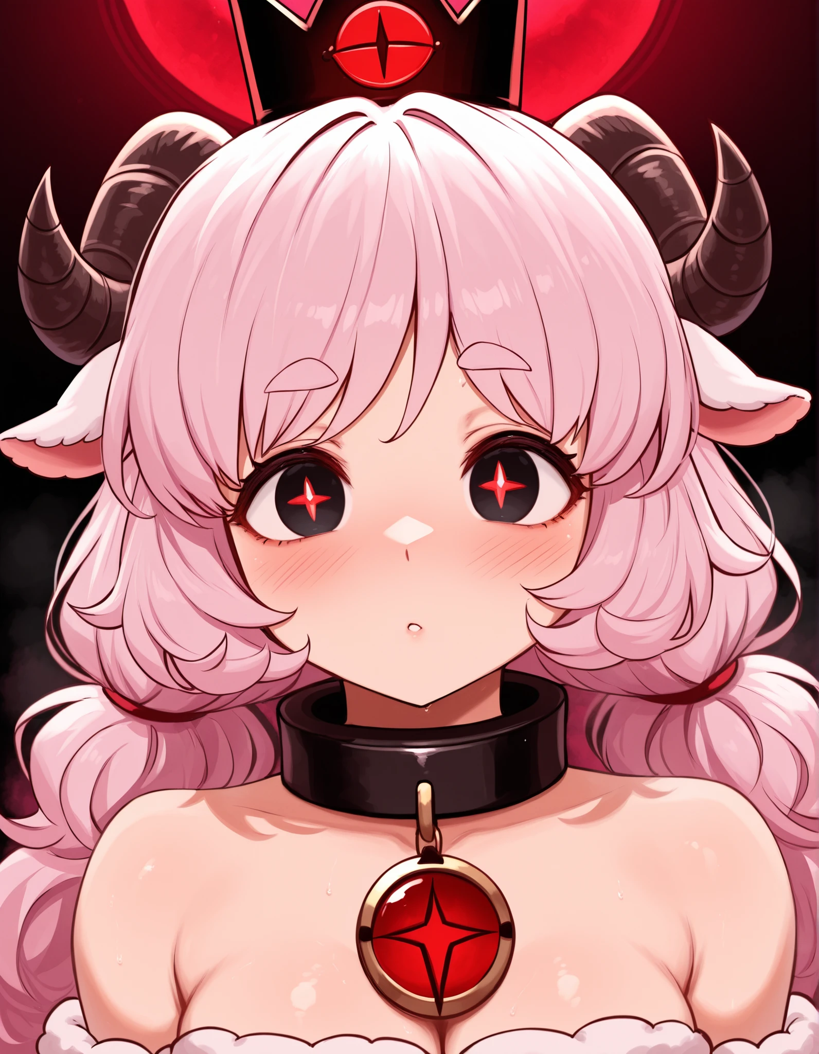brikotart,, masterpiece, best quality, very aesthetic, 1girl, solo, cult of the lamb, sheep girl, collar, horizontal pupils, red/black eyes, red crown