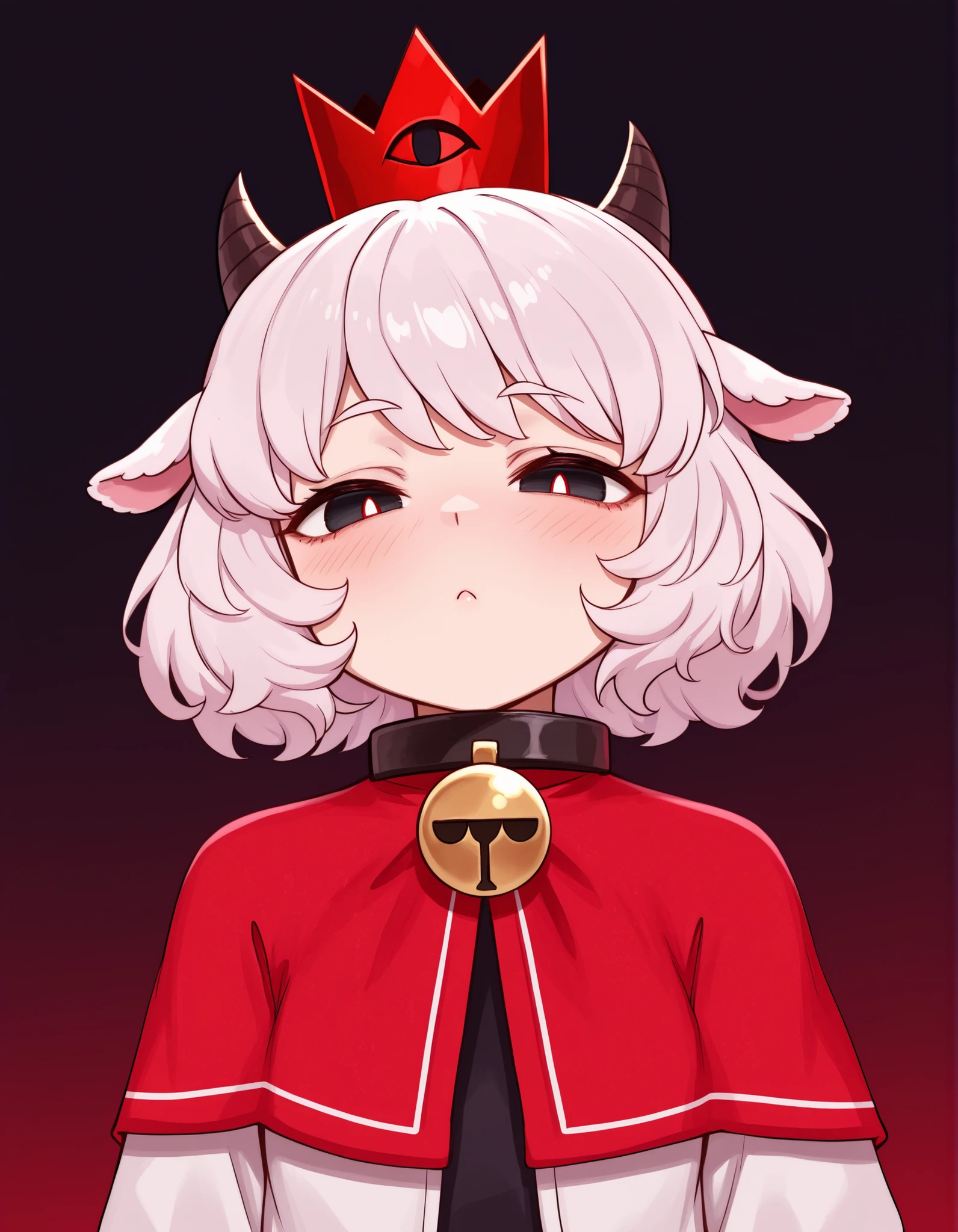 brikotart,, masterpiece, best quality, very aesthetic, 1girl, solo, cult of the lamb, sheep girl, collar, horizontal pupils, red/black eyes, red crown