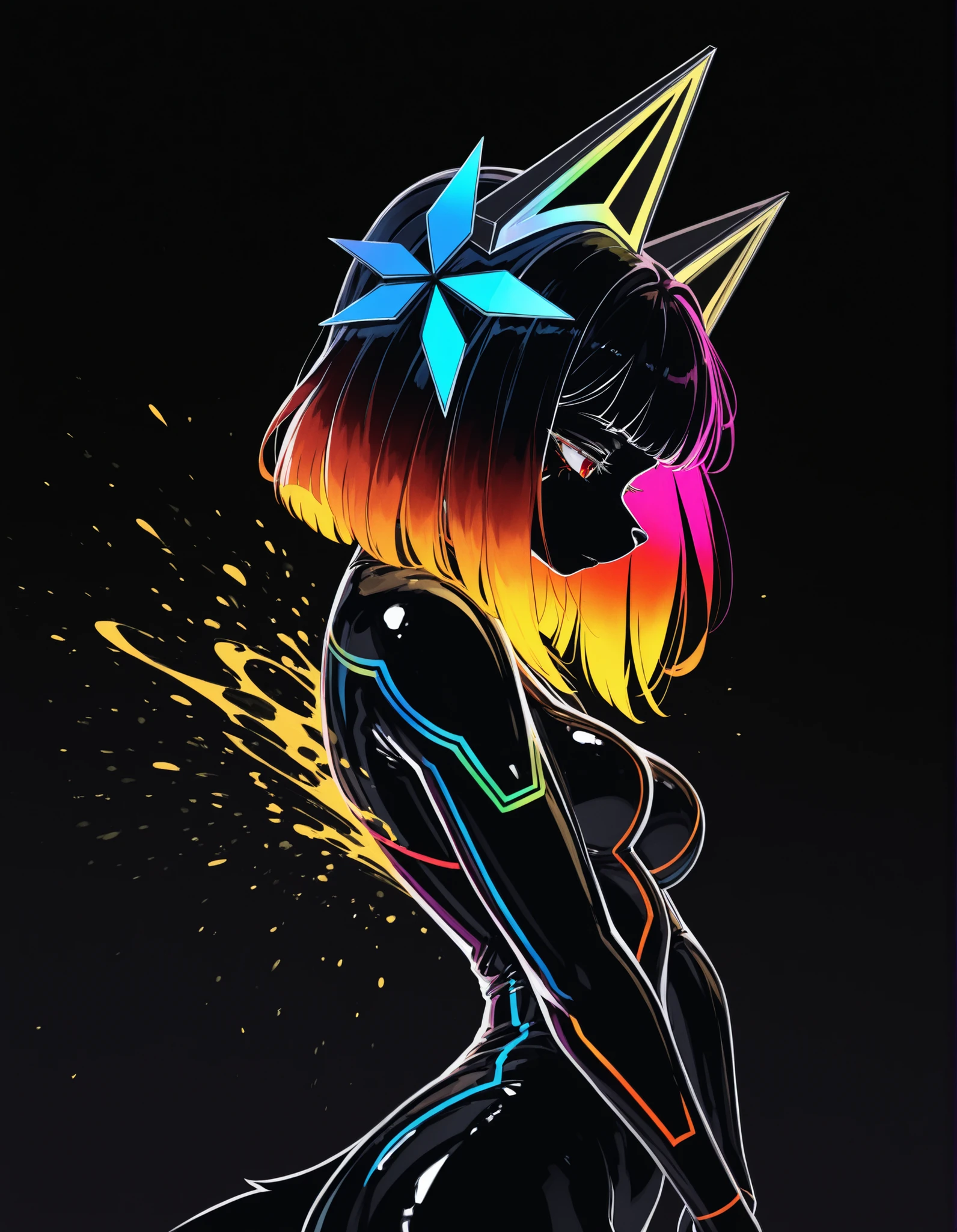 27Lsd Artstyle,, furry girl, anthro, facing sideways, elegant pose, silhouette body, (glossy black fur), (neon outlines), (flat lighting), exploding fractals, liquid neon paint, splash effect, rainbow iridescent hair, gradient glow, (triadic colors), (spot color:1.2), cyberpunk headgear, artistic, abstract style, black background, recursion, film grain, no lineart, high aesthetic,