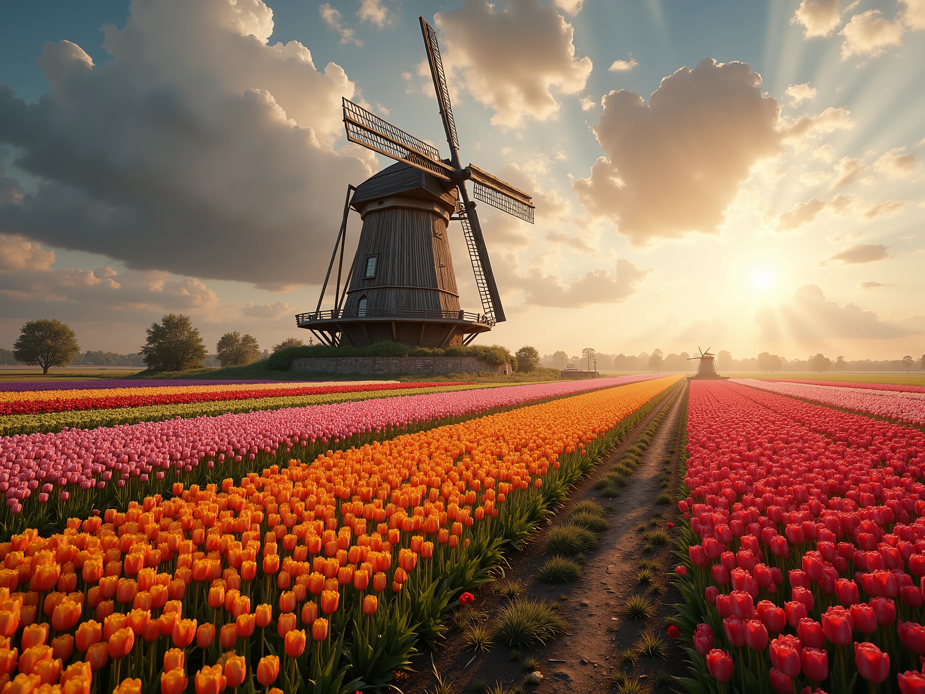 A majestic, extensive tulip field with millions of bright flowers in rainbow colors, dominated by an imposing traditional windmill in the center. The wooden structure with its powerful wings rises against a dramatic sky with golden sunrays, which break through rising clouds. The rustic dirt road snakes through the sea of flowers, lined with weathered stone walls and wild grass. Photorealistic 8K display with physically correct lighting, hyperdetailliert, with soft evening light, that makes the tulip flowers glow.