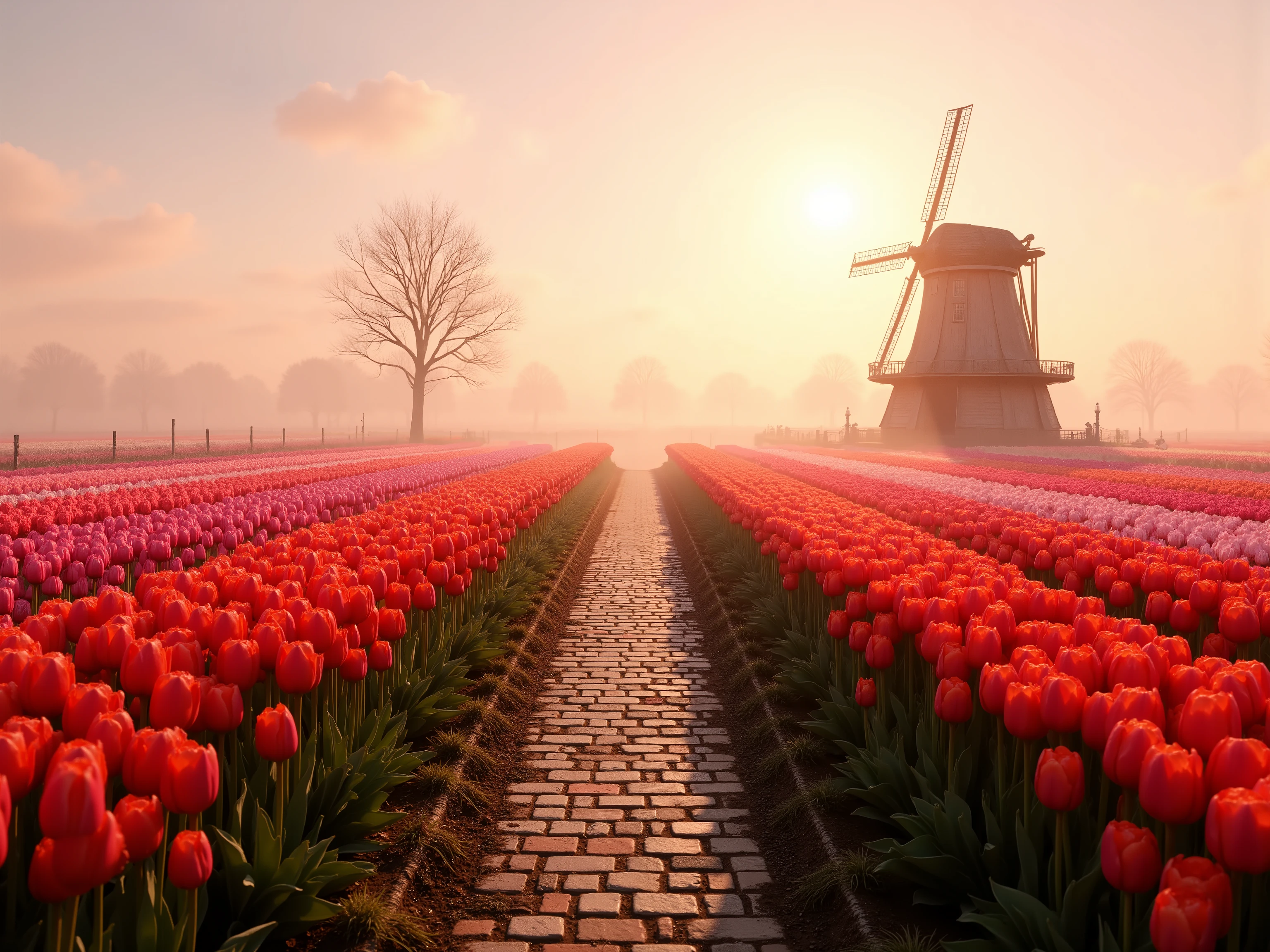 A panoramic tulip field at sunrise, a sea of precisely arranged rows of flowers in bright red, Gelb, Pink und Violett. The focus is on an authentic Dutch windmill with weathered wood and rotating sails. The morning fog is gently over the countryside, while the first rays of sunlight drop dew drops on the Make petals sparkle. A narrow path of old cobblestones leads to the mill, surrounded by rustic wooden fences and isolated wild flowers. Photorealistic style with volumetric light and atmospheric depth, ultra-high-resolution details.