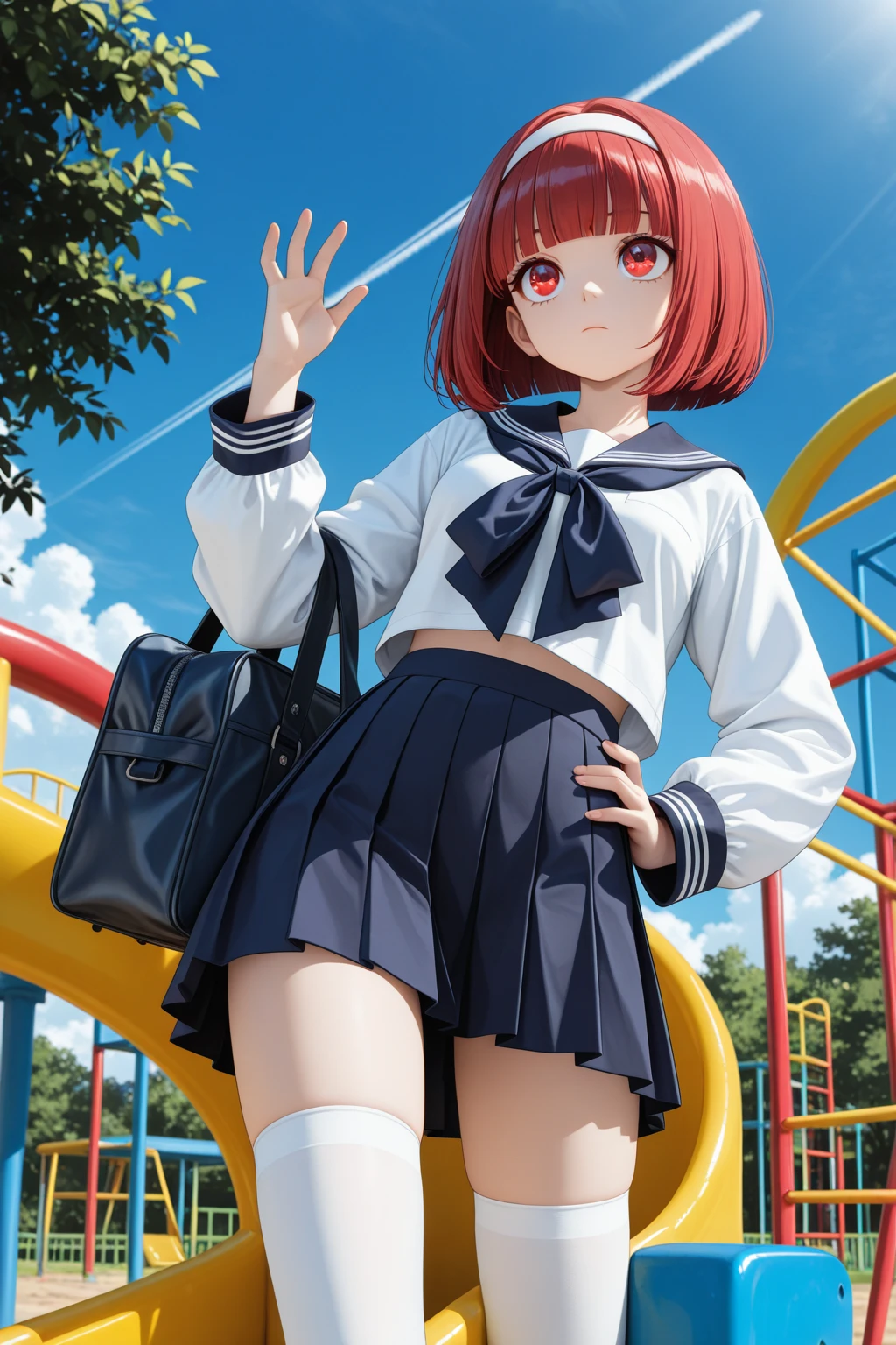 Red-blonde、blue hair、blue eyeraid、one good looking girl、solo、anime、Plaid 、black t-shirt、camisole、forest、sitting、Wearing a plaid baseball cap、Tilting your face、Doing the ribbon、sunset sky、stone bridge、stone stairs、petal、A small bird  flying、big tree、tunnel、Bang、stretching one's back、Fallen leaveixing glasses、Overlooking view