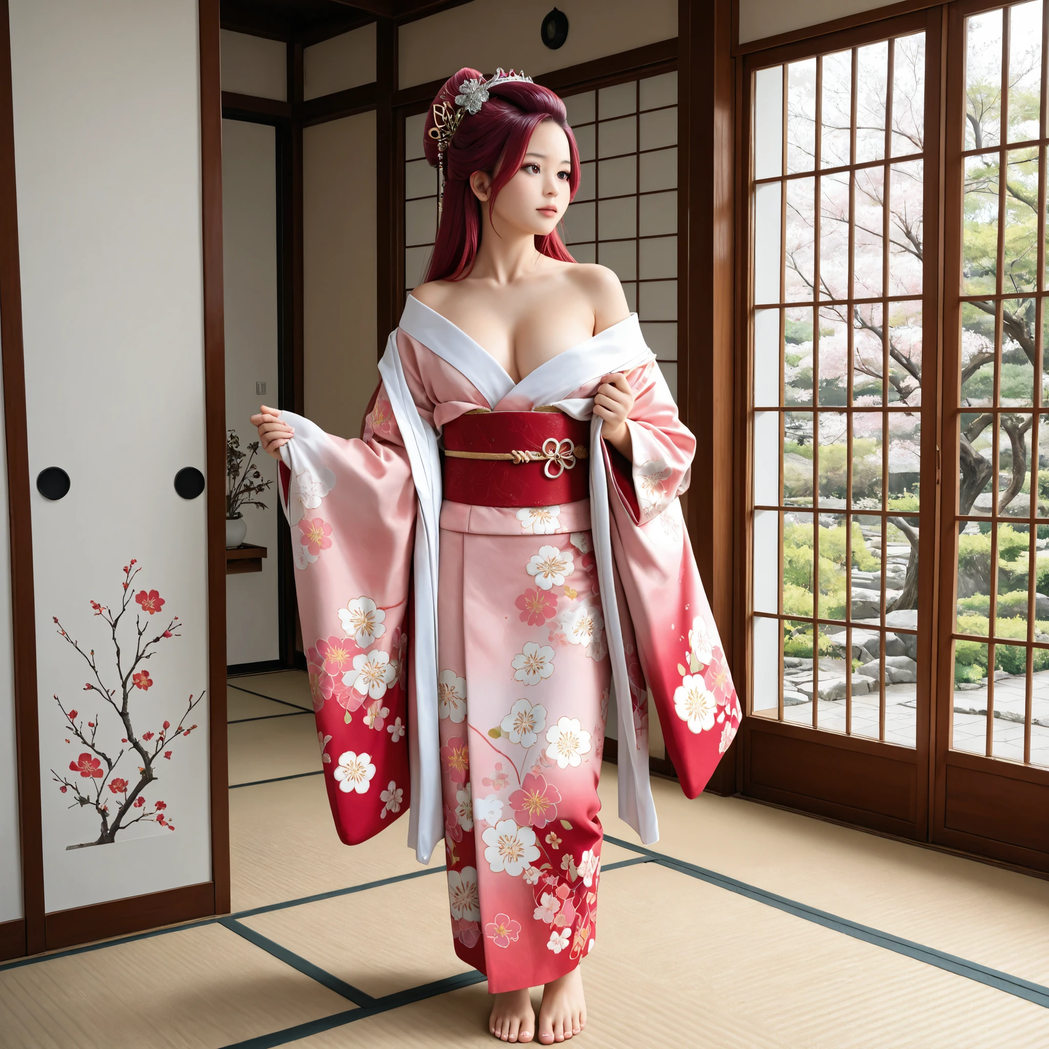 shutter speed 2000, as real as in the picture, Art写真スタイル, 最High Quality, High Quality, super real, Hi-Res, Soft Light, live-action、realistic、((long reddish-purple red crimson long hair)), twin tail hair、young face, big eyes looking away, gold, silver and floral hair ornament, (full body) ((Japanese kimono)) (((5 Layers))) (((Oiran-style))) ((Oiran kimono)) nsfw, dewy skin wet, (naked shoulders) naked, red and black and pink kimono (kimono adorned with black, gold and silver high detailed floral patterns) white scarf, Japanese-style room, Large Tatami Room, saloon, 8, Decorated with cherry blossom paintings , Fusuma-sliding screen, Japanese square Andon, barefoot, wabi-sabi, Japanese atmosphere, 落ち着いたvibe, realistic, Photography,
BREAK,
(最High Quality, 8k,32K,masterpiece, Ultra High Definition:1.2),Highly Detailed CG Unity 8k Wallpaper,complicated details,Original photo,(Realistic:1.4),vibe,Ultra High Definition,realityistic,reality,huge_file size,Sex Sex,( centered :1.3),Super Illustration,(super detailed),cinematic lighting,Mr.々Color,depth of field is disturbed,Art:Krenz Kuschaert,golden hour lighting, An accurate depiction of ,シグマArtレンズ 35mm F1.4,ISO 200 , Deep Contrast, 4K,8k, masterpiece,score_9、score_8_up、score_7_up、score_6_up、score_5_up、score_4_up