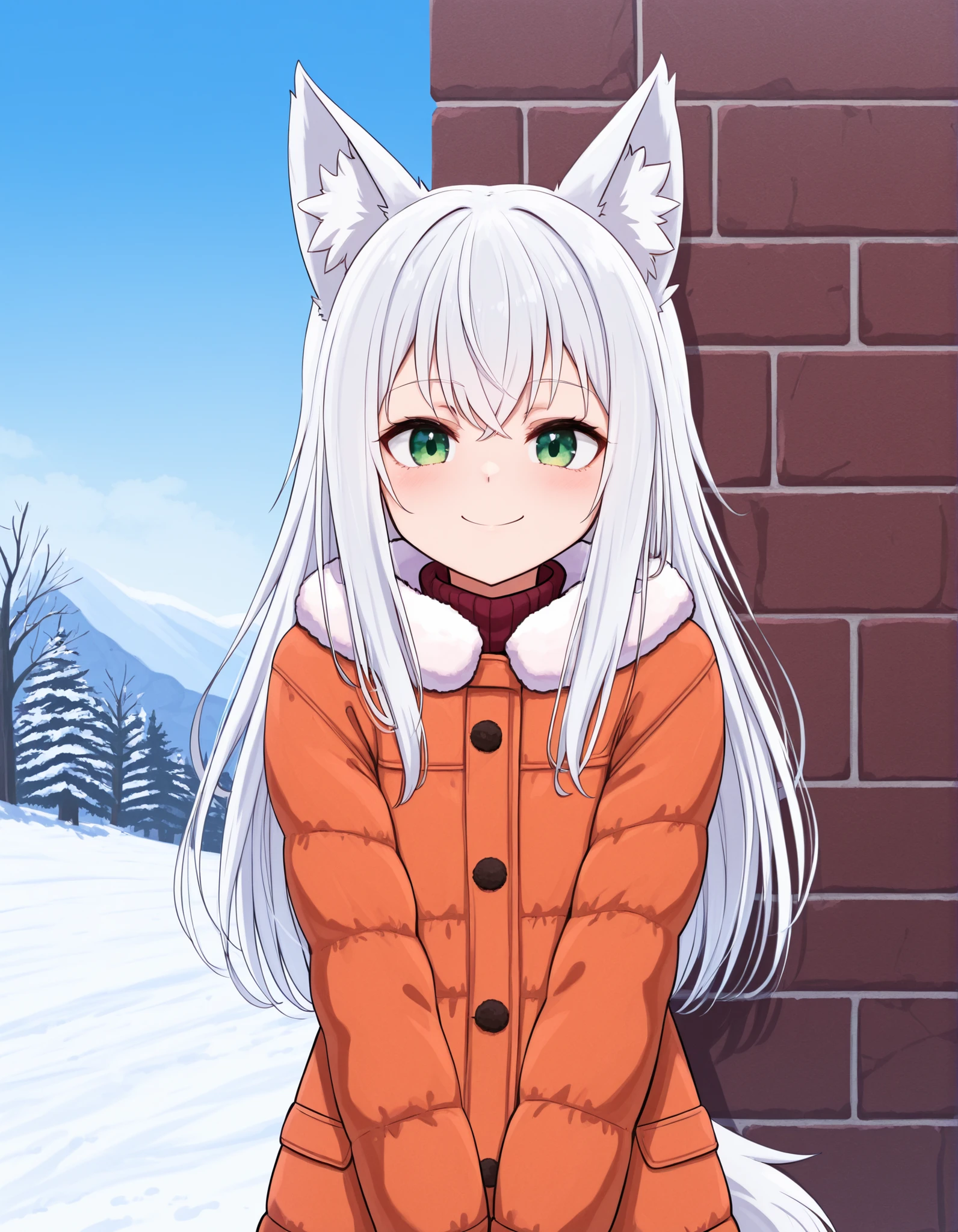 27Lsd Artstyle,, anime, solo, BREAK, young fox girl, skinny and frail, (petite,cute:0.5), green eyes, looking at viewer, long hair, white hair, smile, winter clothes, outdoors, winte