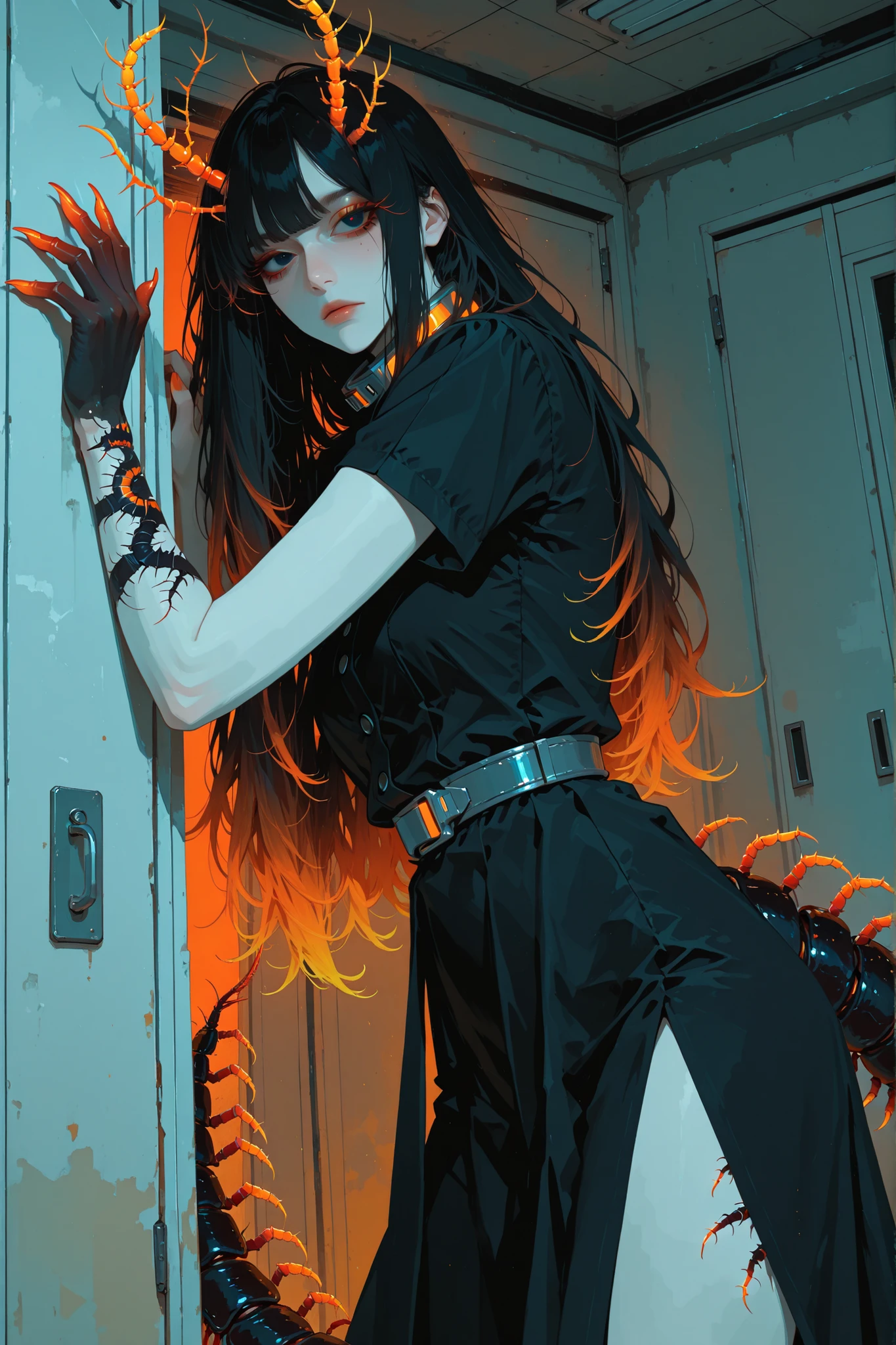 anime style, anime coloring, 8k, HDR, extremely detailed face and eyes, beautiful face and eyes, solo, beautiful, cool, masterpiece, top quality, great quality, dynamic pose, background, highres, matte colouring, flat colouring, matte skin, 1girl, young woman, dynamic hair, dynamic clothes, multicoloured hair, gradient hair, bangs, black_hair_roots, red highlights in hair, orange highlights in hair, yellow highlights in hair, black eyes, two_centipede_antennas, black gradient fingers with red orange claws, centipede tail, simple black dress with thigh slits, modest black dress, short sleeves, covers neck, white sterile room, doctor's office, suspicious face expression, centipede tattoo on arms, side angle, sci-fi collar, centipede demihuman