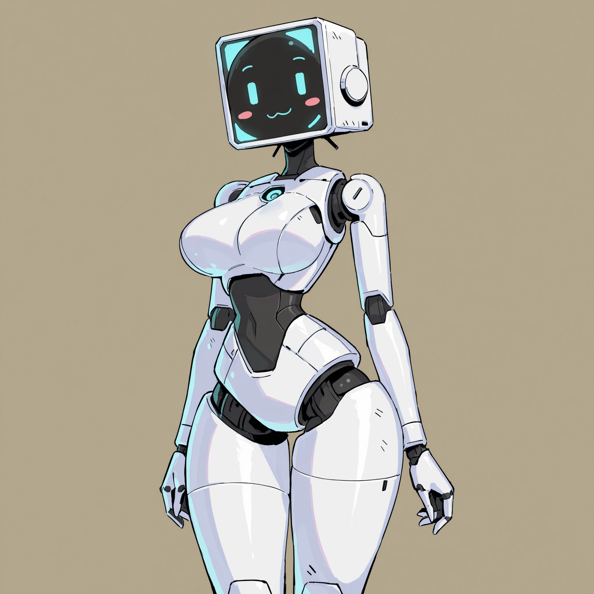 masterpiece, ultra-HD, impressionism, high detail, best quality, very aesthetic, 8K, best quality, beautiful, ultra-high resolution, 32K UHD, sharp focus, 1girl, solo, robot, android, screen face, black screen, monitor head, square head, tv head, dot eyes, faceless, white steel, joints, turquoise neon lights, big breasts, narrow waist, wide hips, thick thighs, shapely legs, slim, blush stickers, :3, smile, cute, standing, looking at viewer, simple background, front view