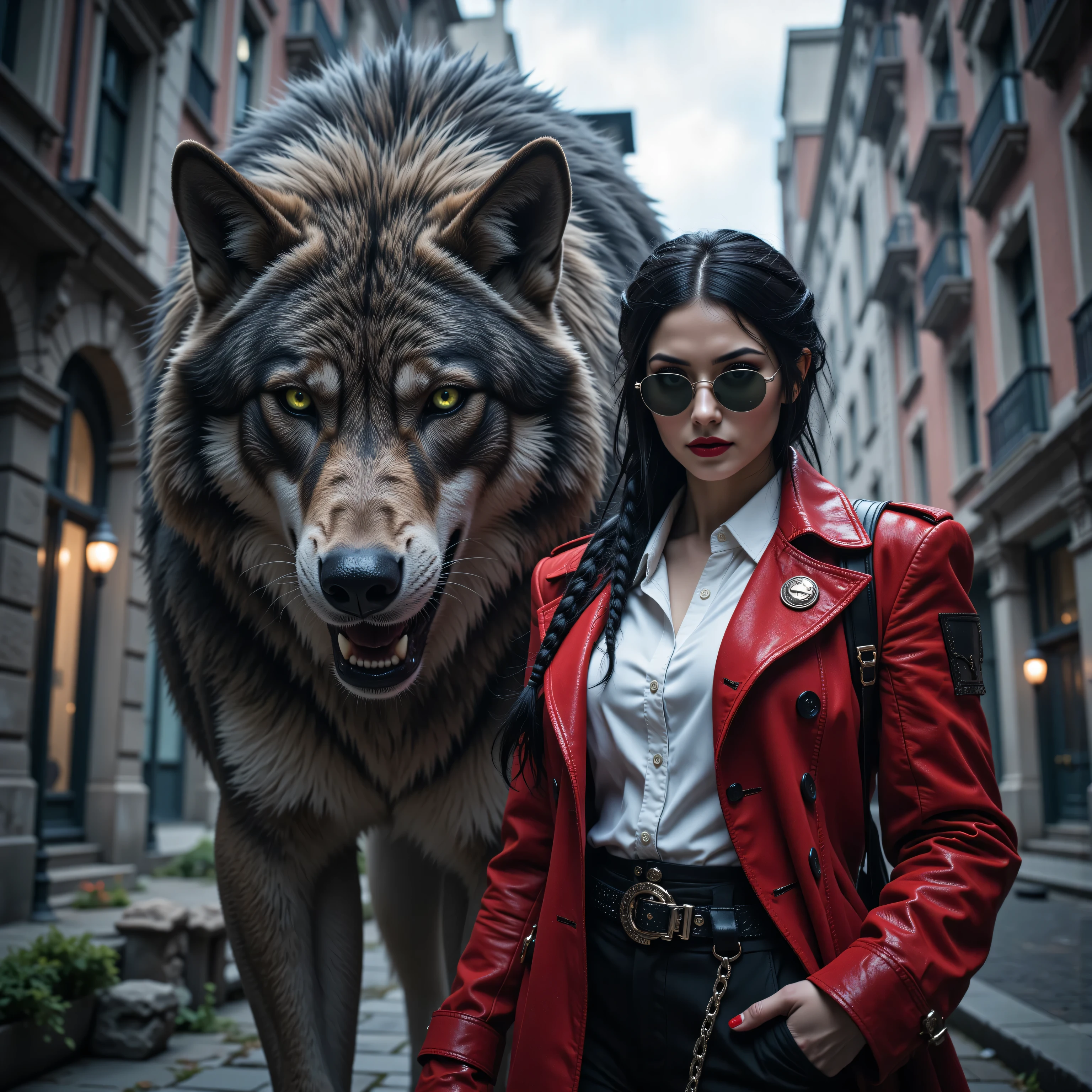 dungeon and dragon ,fantasy,masterpiece, best quality, very aesthetic, absurdres, a picture of a fantasy 1single bodyguard woman standing near a (big grey wolf: 1.1) in a modern city, grit atmosphere,  an extraordinary beautiful female  beauty, wild green eyes, glowing eyes, best detailed face,  black hair, braided hair, wearing  white button shirt, black trousers, red trench coat, wearing sunglasses, holding a gun,  nature themed suit, (red trench coat: 1.3), Hyperrealism style, vibrant, Ultra-high resolution, High Contrast,  best details, best quality, highres, ultra wide angle, 16k, [ultra detailed], masterpiece, best quality, (extremely detailed) RAW, 
