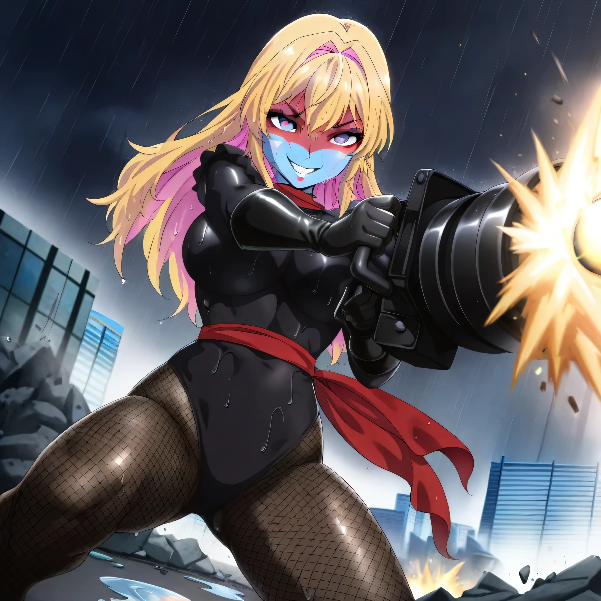 (((Masterpiece))), (((Best Quality))), ((Super Detail)), ultra-High resolution, score_9,score_8_up,score_7_up,score_6_up,score_5_up,score_4_up, BREAK, source_anime, anime screencap, uncensored, Masterpiece, (best shadow), (absurdres), (detailed background), (very aesthetic), detailed beautiful eyes, outstanding, an exquisite animation illustration, curvy, highres, shiny clothing, dark persona, empty eyes, blank eyes, shocker, black leotard, latex elbow gloves, brown fishnet pantyhose, red skin, blue skin, colored skin, red sash, neck, makeup, (((solo, 1girl))), hair ornament,  pose, submissive pose, anime style, anime coloring, animification, megami magazine,  pose, dynamic angle, cinematic angle, dutch angle, dynamic composition, large , kannawa azusa, blonde hair, hair intakes, long hair, multicolored hair, pink hair, two-tone hair, purple eyes, kannawa_azusa_bukiyounasenpai, colored inner hair, pink hair, evil smile, evil grin, teeth, (((holding minigun, holding gatling gun, giant gun))), bullet, rain, downpour, puddle, wet body, wet skin, wet hair, soak, sweat, looking from front, view from front, from front, apocalyptic, apocalyptic city, debris, destroyed city, rubble, remains of buildings, dark cloud, outdoors, blood splatter, , fighting, fighting stance, dynamic pose, action pose, weapon backlighting, (((firing, shooting, aiming)))