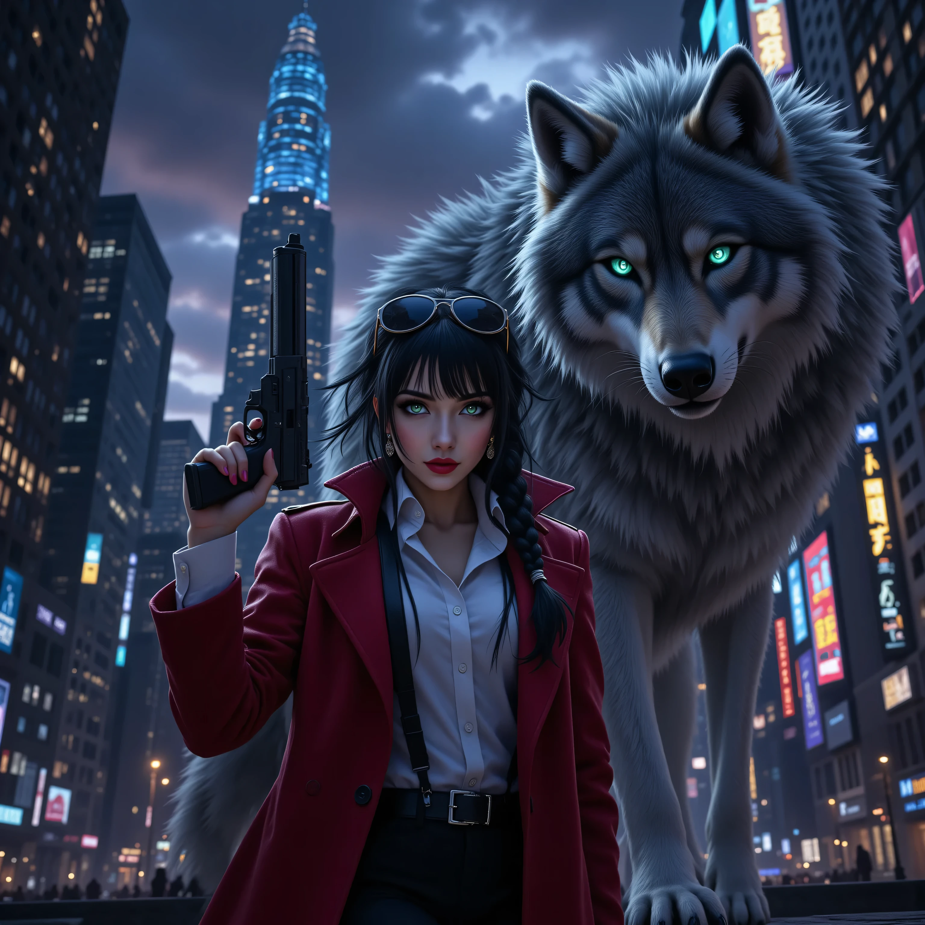aidmamjv7,realistic cartoon,OMNH,, a picture of a fantasy 1single bodyguard woman standing near a big grey wolf in a modern city, grit atmosphere,  an extraordinary beautiful female  beauty, wild green eyes, glowing eyes, best detailed face,  black hair, braided hair, wearing  white button shirt, black trousers, red trench coat, wearing sunglasses, holding a gun,  nature themed suit, (red trench coat: 1.3), Hyperrealism style, vibrant, Ultra-high resolution, High Contrast,  best details, best quality, highres, ultra wide angle, 16k, [ultra detailed], masterpiece, best quality, (extremely detailed) RAW, 
