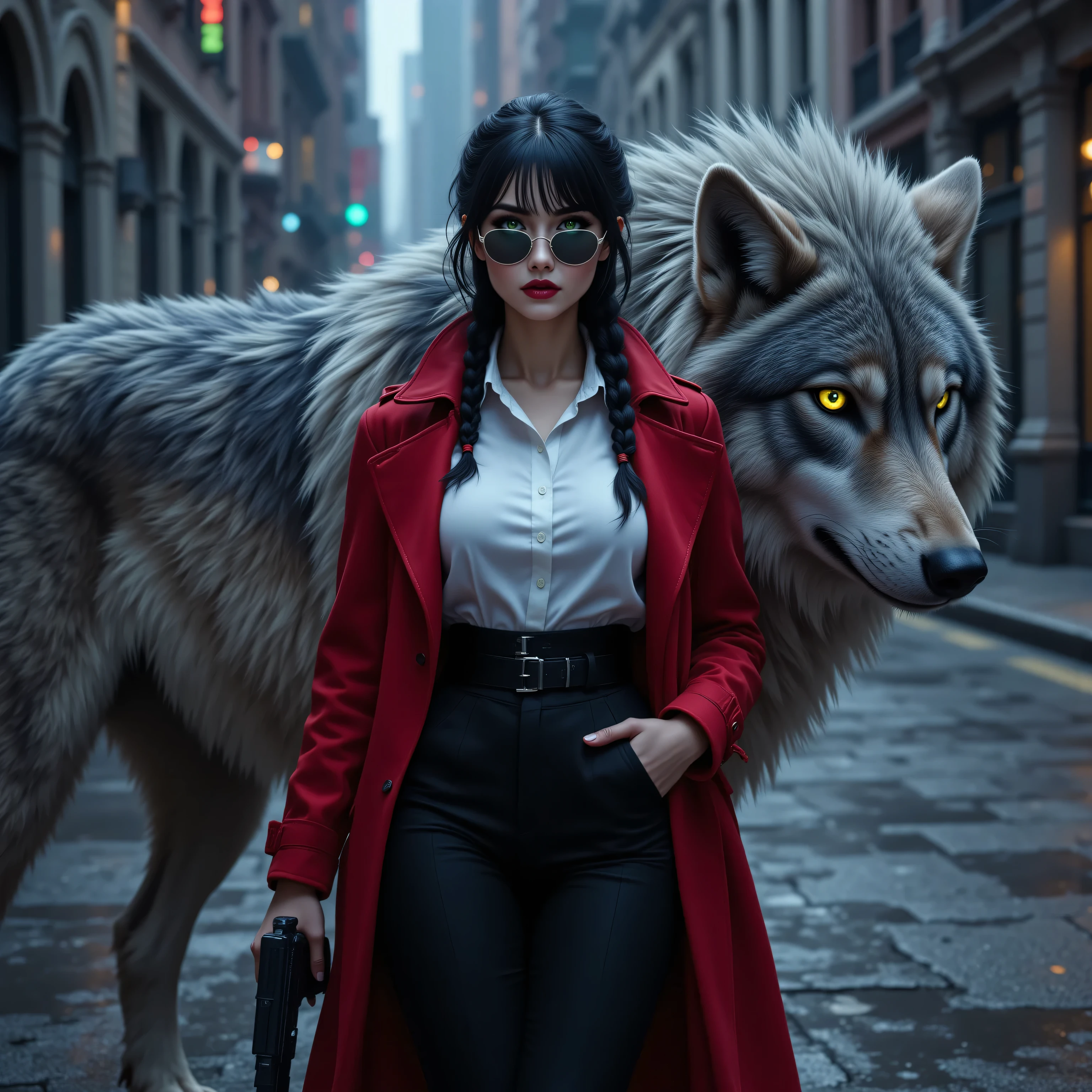 aidmamjv7,realistic cartoon,OMNH,, a picture of a fantasy 1single bodyguard woman standing near a big grey wolf in a modern city, grit atmosphere,  an extraordinary beautiful female  beauty, wild green eyes, glowing eyes, best detailed face,  black hair, braided hair, wearing  white button shirt, black trousers, red trench coat, wearing sunglasses, holding a gun,  nature themed suit, (red trench coat: 1.3), Hyperrealism style, vibrant, Ultra-high resolution, High Contrast,  best details, best quality, highres, ultra wide angle, 16k, [ultra detailed], masterpiece, best quality, (extremely detailed) RAW, 