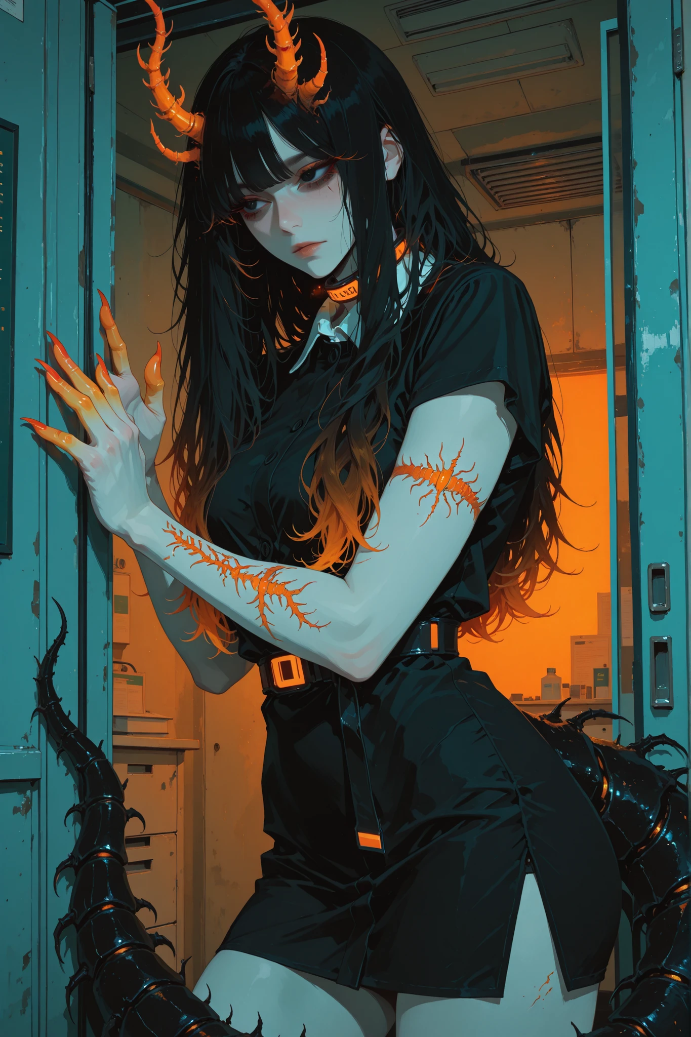 anime style, anime coloring, 8k, HDR, extremely detailed face and eyes, beautiful face and eyes, solo, beautiful, cool, masterpiece, top quality, great quality, dynamic pose, background, highres, matte colouring, flat colouring, matte skin, 1girl, young woman, dynamic hair, dynamic clothes, multicoloured hair, gradient hair, bangs, black_hair_roots, red highlights in hair, orange highlights in hair, yellow highlights in hair, black eyes, two_centipede_antennas, gradient fingers with red orange claws, centipede tail, simple black dress with thigh slits, modest black dress, short sleeves, covers neck, white sterile room, doctor's office, suspicious face expression, centipede tattoo on arms, side angle, sci-fi collar, centipede demihuman