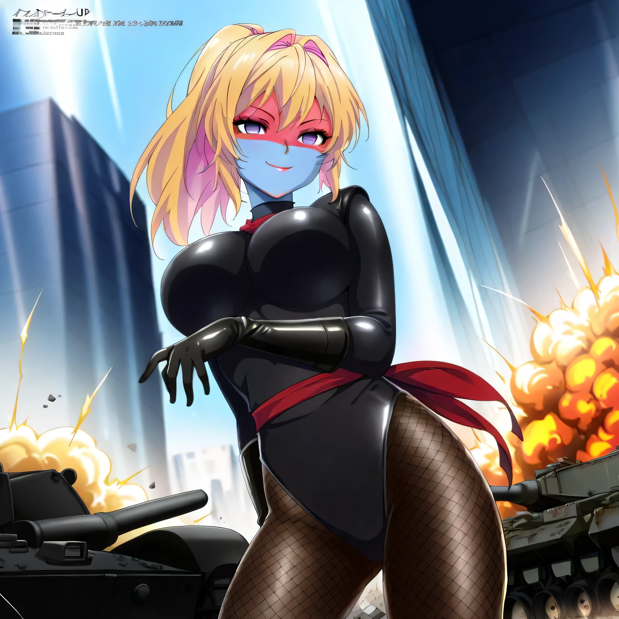 (((Masterpiece))), (((Best Quality))), ((Super Detail)), ultra-High resolution, score_9,score_8_up,score_7_up,score_6_up,score_5_up,score_4_up, BREAK, source_anime, anime screencap, uncensored, Masterpiece, (best shadow), (absurdres), (detailed background), (very aesthetic), detailed beautiful eyes, outstanding, an exquisite animation illustration, curvy, highres, shiny clothing, dark persona, empty eyes, blank eyes, shocker, black leotard, latex elbow gloves, brown fishnet pantyhose, red skin, blue skin, colored skin, red sash, neck, makeup, (((solo, 1girl))), hair ornament, pose, submissive pose, anime style, anime coloring, animification, megami magazine, pose, dynamic angle, cinematic angle, dutch angle, dynamic composition, large , kannawa azusa, blonde hair, hair intakes, long hair, multicolored hair, pink hair, two-tone hair, purple eyes, kannawa_azusa_bukiyounasenpai, colored inner hair, pink hair, ponytail, very long hair, adjusting glove, standing, contrapposto, determined, proudly, confident smile, tank_(vehicle), military background, battlefield, apocalyptic, explosion, debris, rubble, dappled light, sunbeam, hand on glove, hand up